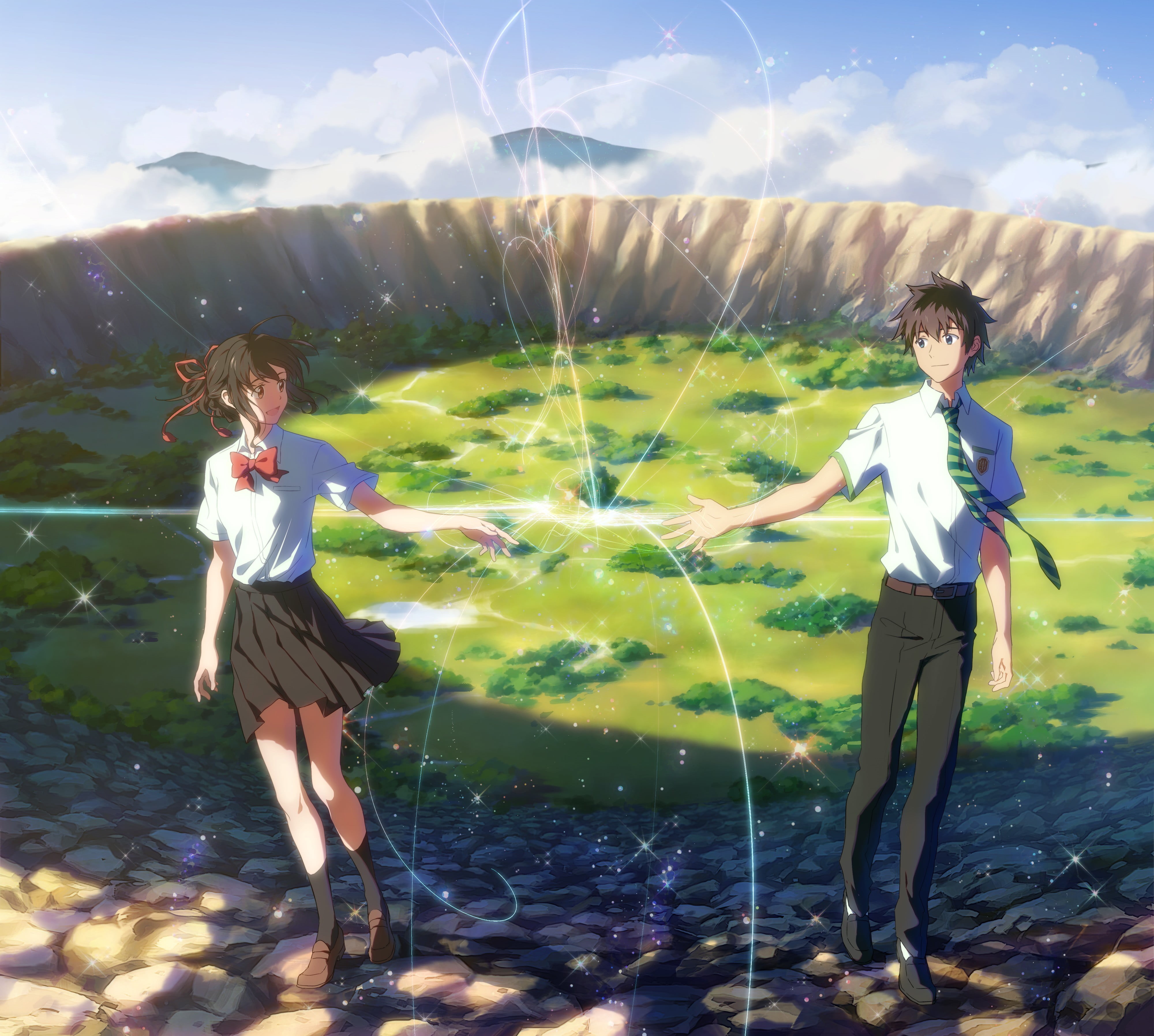 standing, one Person, beautiful, landscape, short hair, black hair, dress, Kimi no Na Wa, two, field, female, positive emotion, grass, men, anime, knee-highs, HD Wallpaper