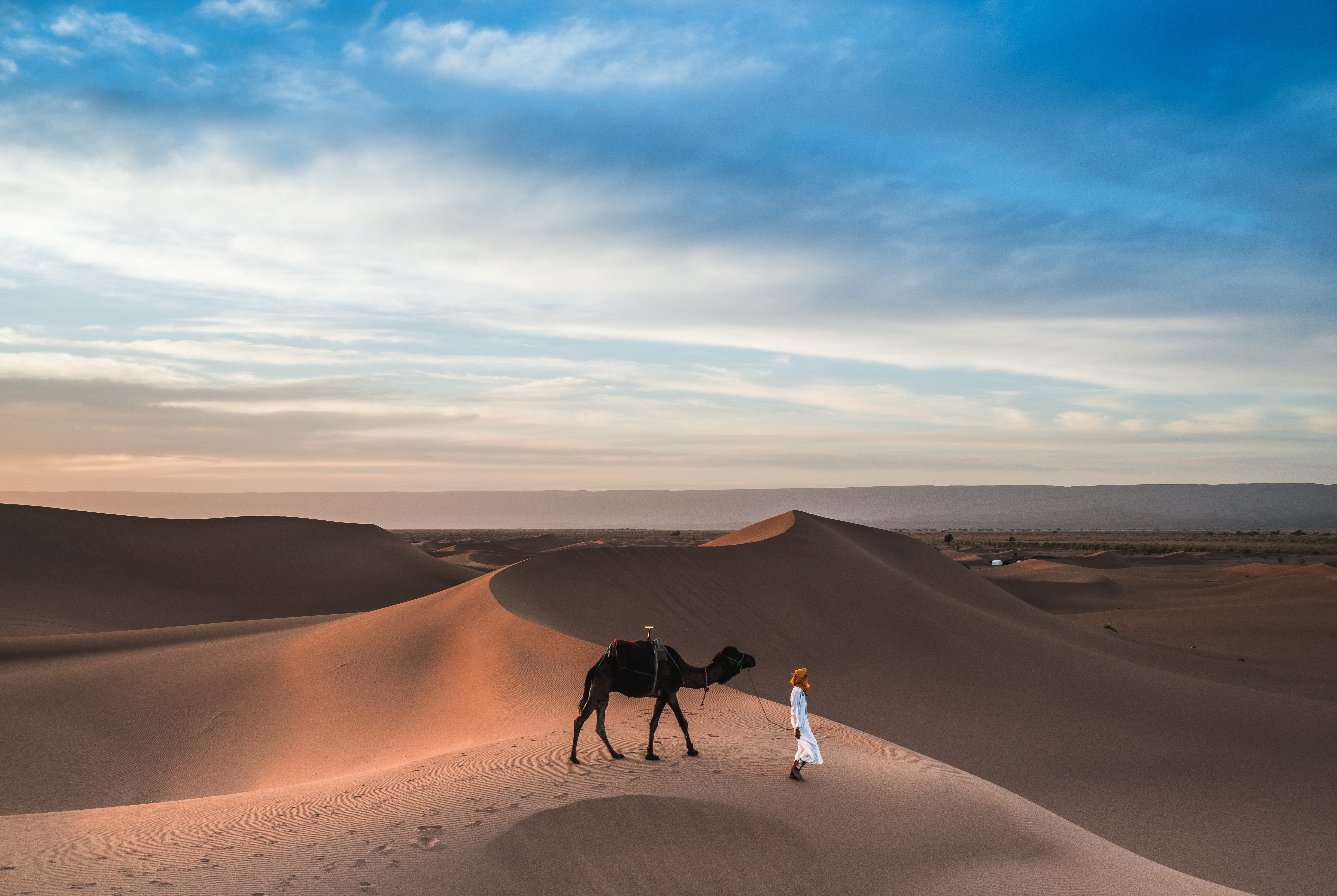 landscape, domestic animals, environment, barak, blue sky, dune, nature, beauty in nature, cloudscape, beside, arid climate, man, person, animal, two people, HD Wallpaper