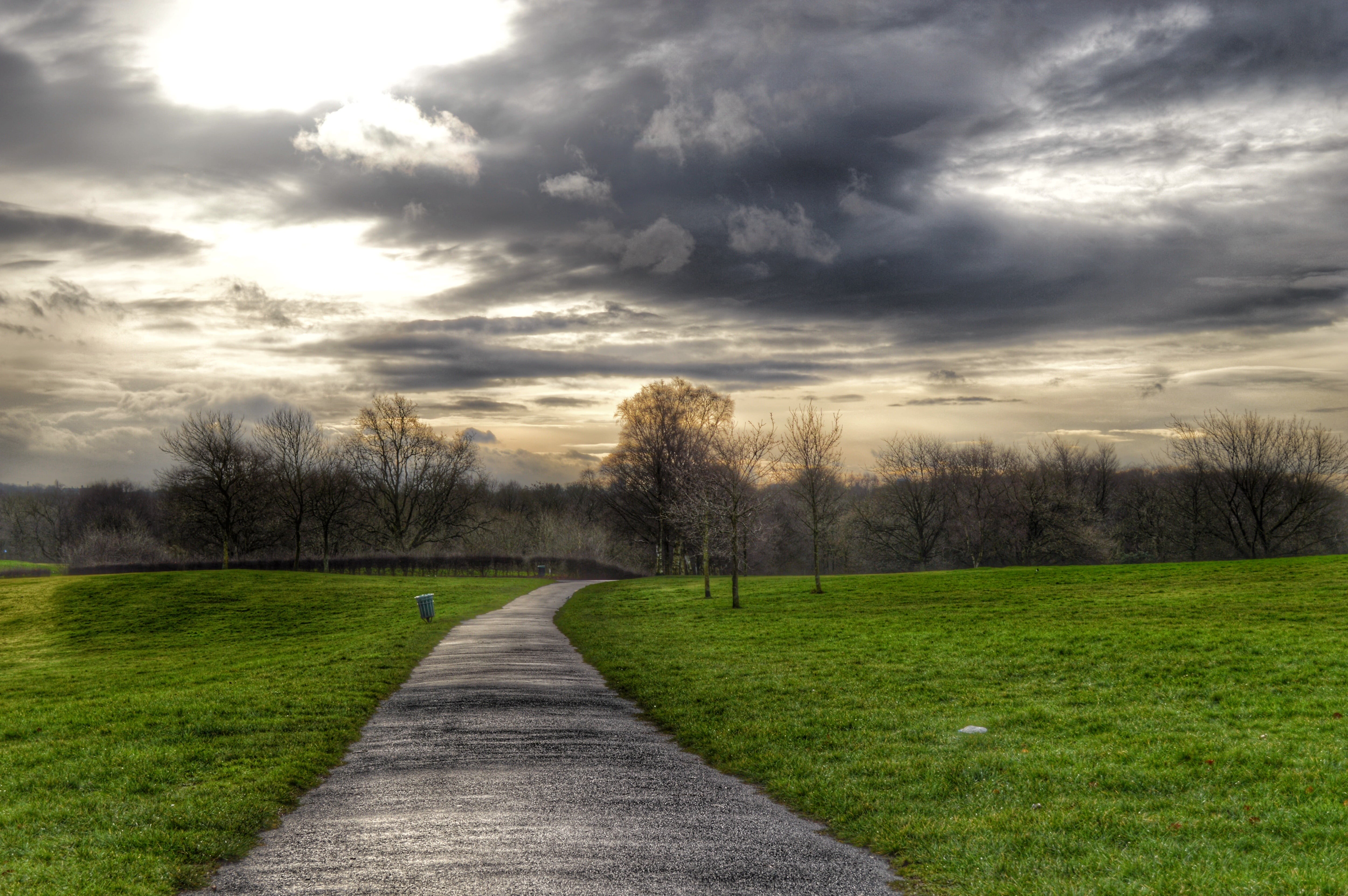 cloud - Sky, cloudy, 4K, tree, nature, outdoors, landscape, grass, green, field, sky, cloudscape, pathways, across, rural Scene, HD Wallpaper