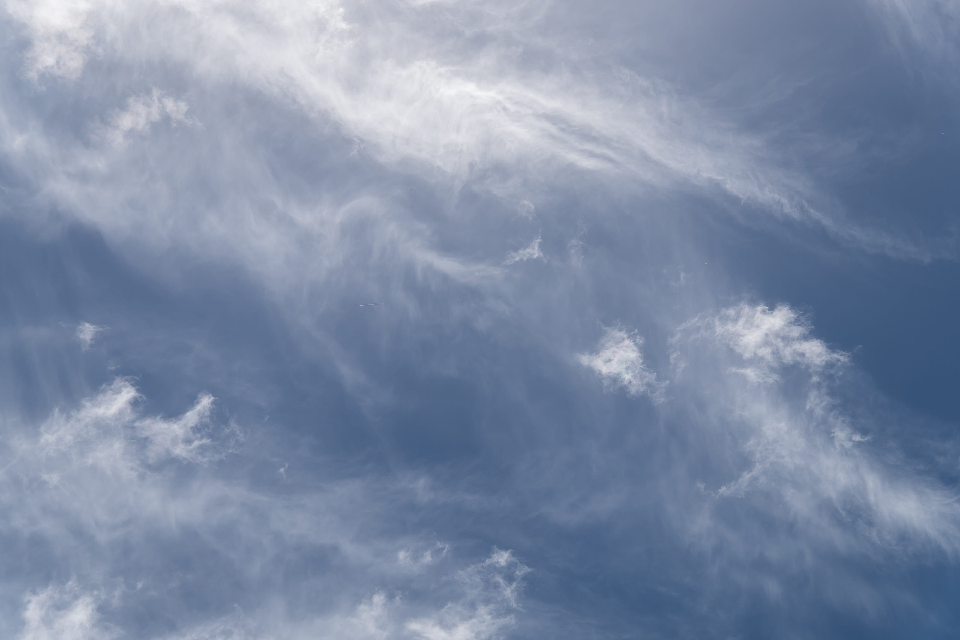 blue, white color, wispy, moody sky, sky, background, tranquility, beauty in nature, cloudscape, environment, nature, clouds, day, 2K, no people, white, HD Wallpaper
