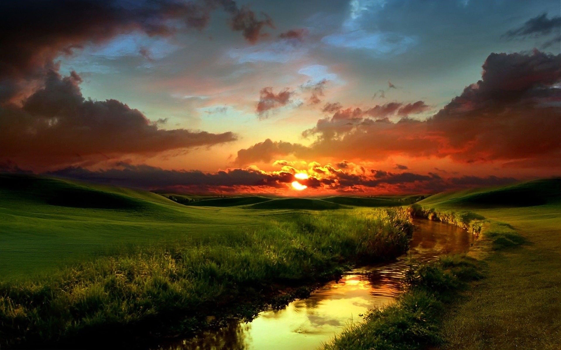 amanecer, verde, nubes, 1080P, naturaleza, rio, HD Wallpaper