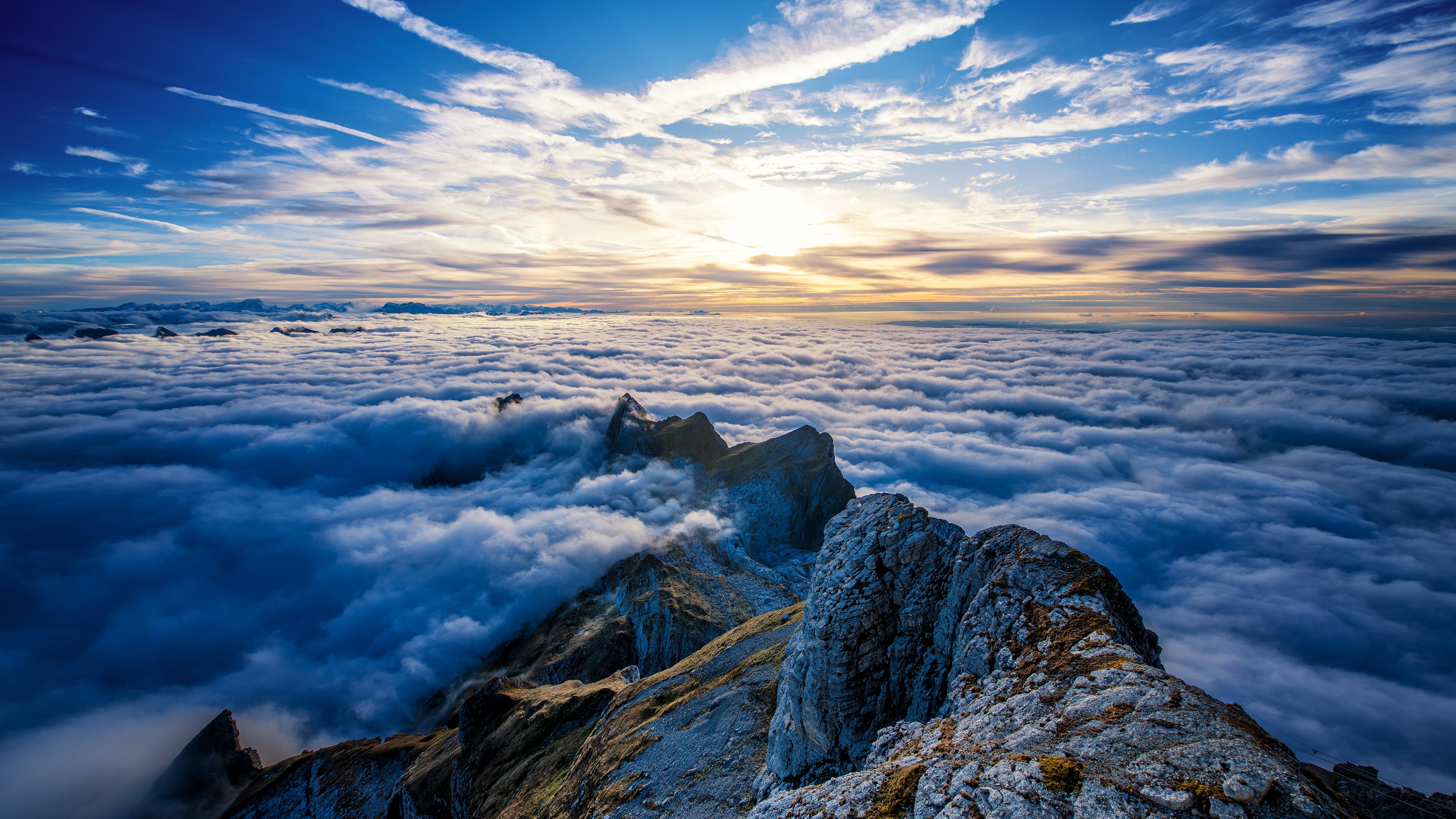 low angle view, sunlight, sun rays, hill, sunrise, landscape, travel, beauty In Nature, HDR, Saentis Mountain, tranquility, Switzerland, sun, hiking, aerial, HD Wallpaper