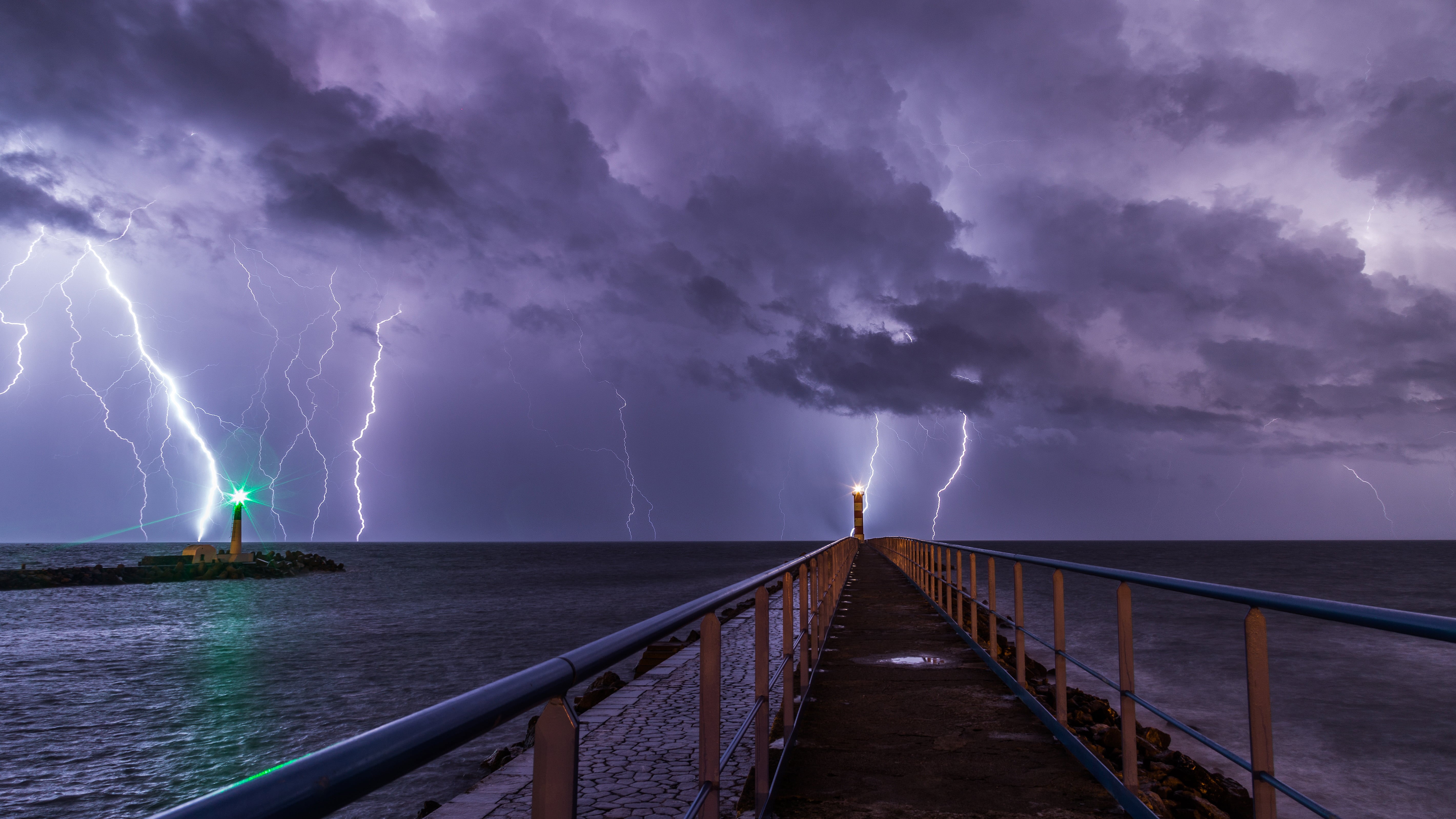 thunder, thunder  lightning, 5K, photography, sky, nature, bridge, cloud - Sky, metal bridge, weather, water, storm, Orage, PLN, sea, metal, HD Wallpaper