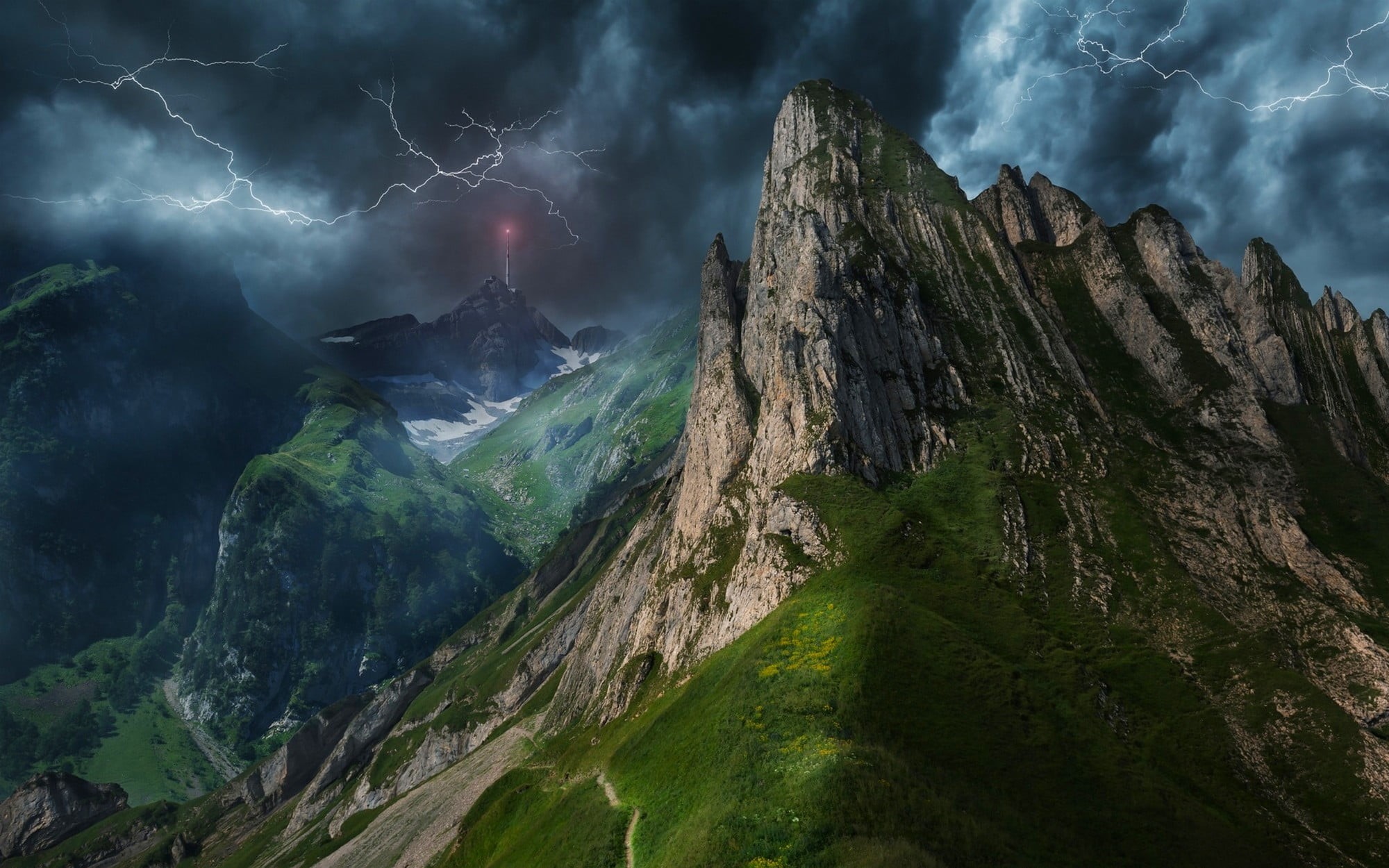 rock, tranquil scene, scenics - nature, mountain range, storm, no people, landscape, physical geography, brown, lightning, formation, thunder, grass, green, HD Wallpaper