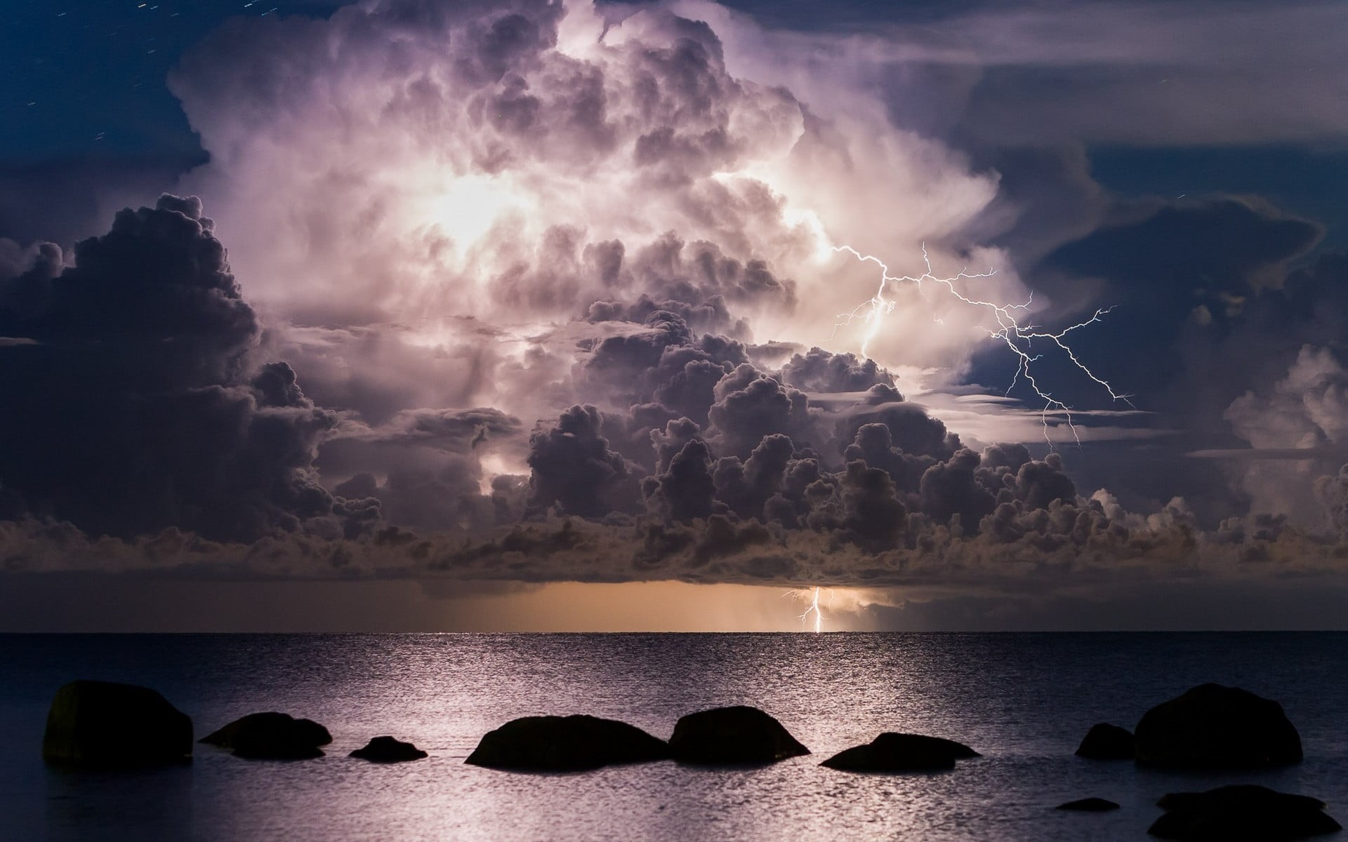 clouds, cloud - sky, lightning, storm, solid, rock, no people, beach, cloud, horizon over water, tranquility, landscape, horizon, sky, land, nature, sunset, HD Wallpaper