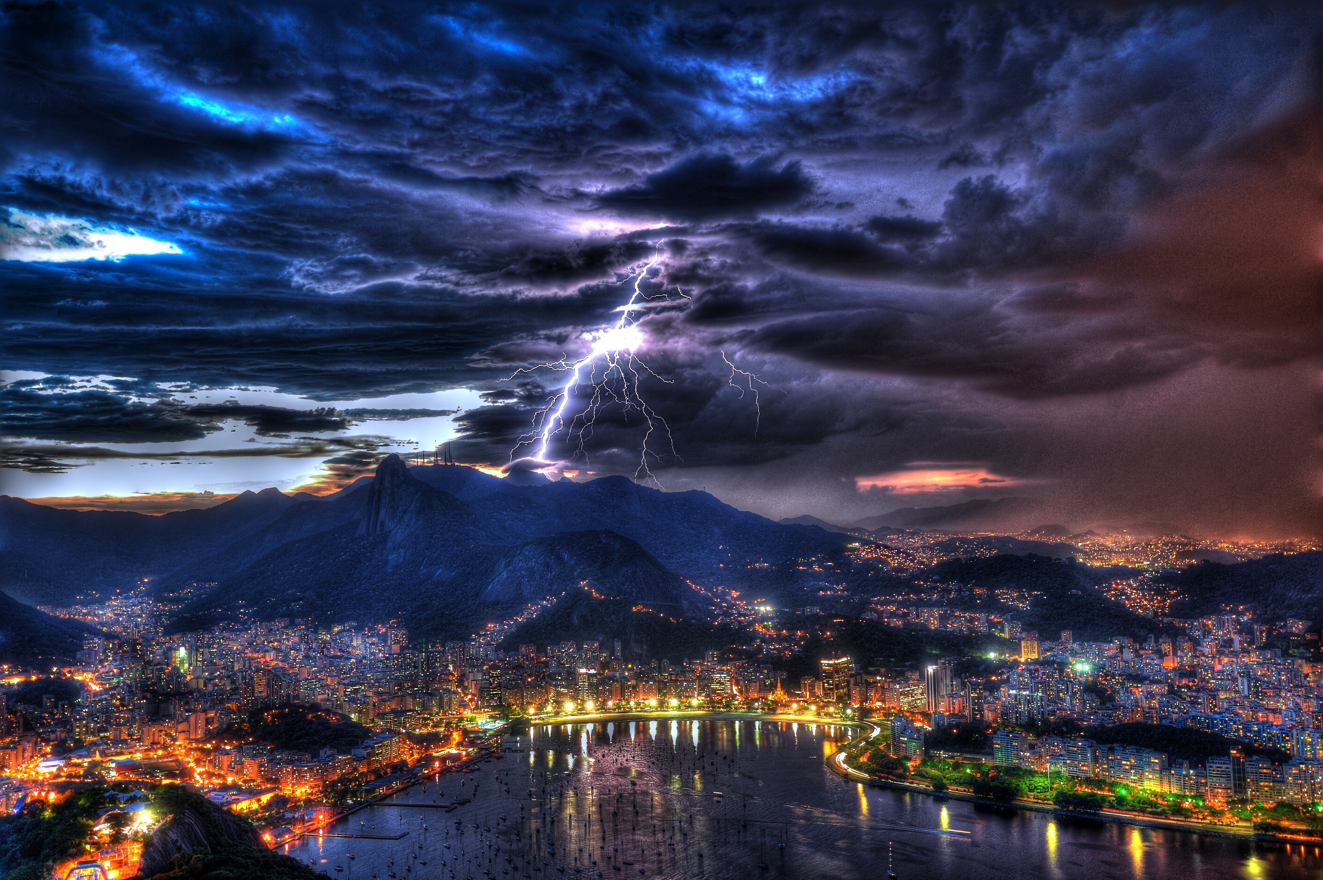 Rio de Janeiro, janeiro, clouds, lights, rio, landscape, thunder, bay, de, 4K, Lightning, Brazil, Night, storm, sky, harbor, houses, boats, HD Wallpaper