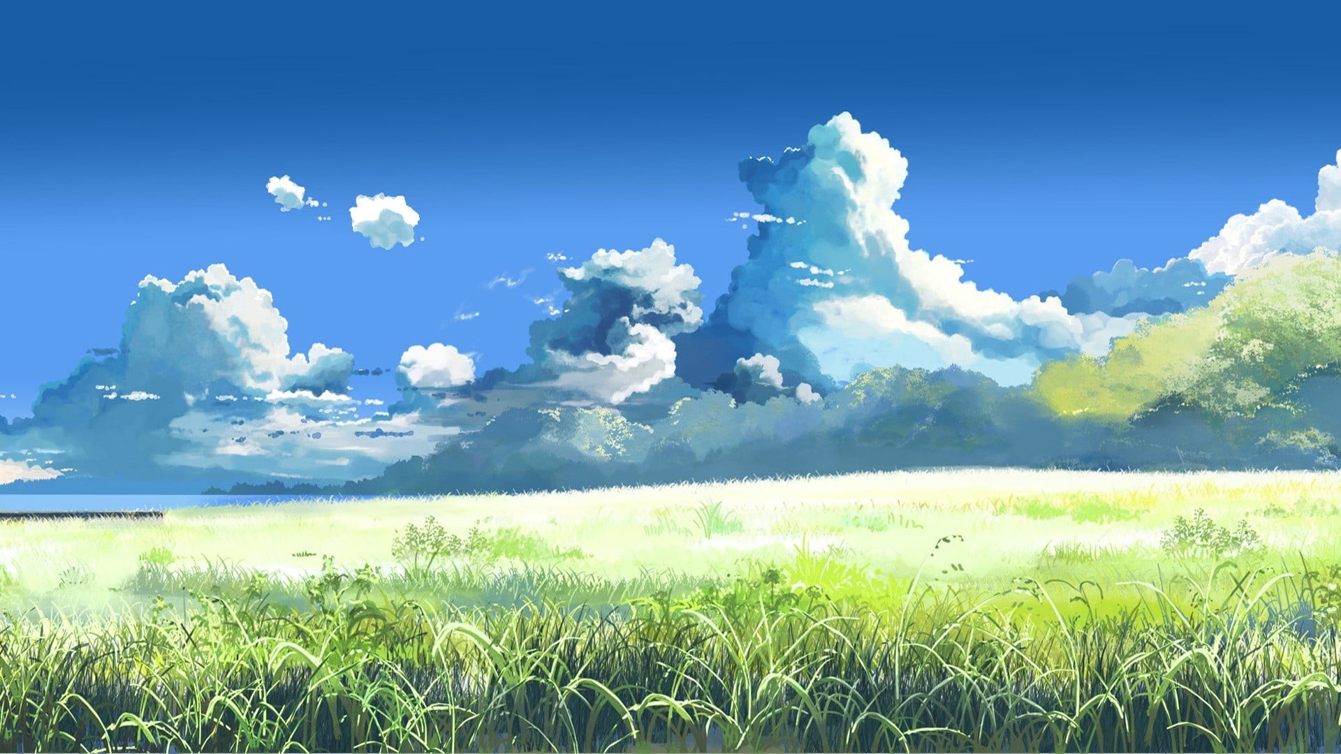 anime, colorful, 1080P, 5 Centimeters Per Second, Makoto Shinkai, rural scene, field, sky, grass, tranquility, non-urban scene, scenics - nature, clouds, HD Wallpaper
