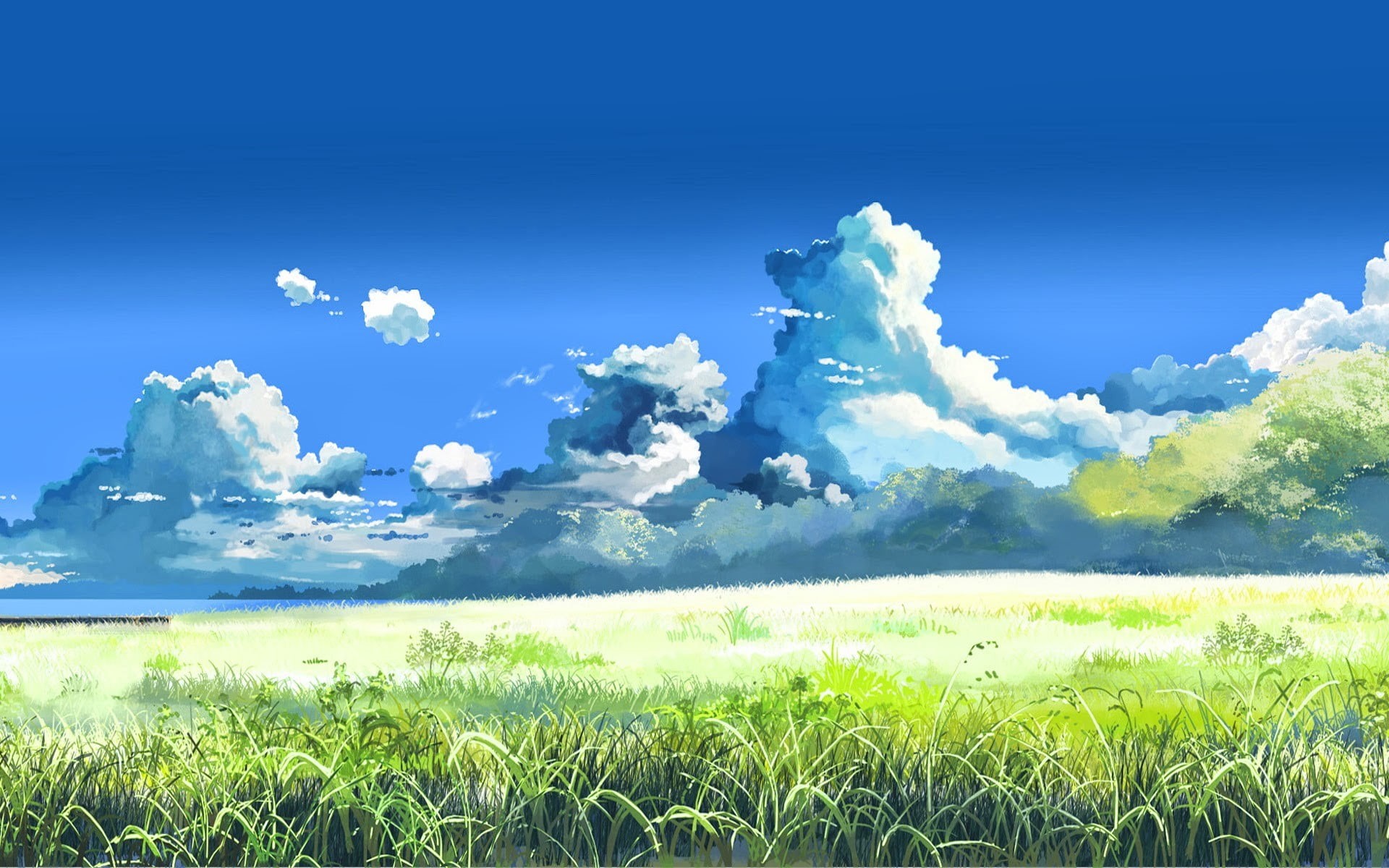 Makoto Shinkai, outdoors, artwork, beauty in nature, landscape, 1080P, 5 Centimeters Per Second, blue, anime, nature, tranquility, colorful, cloud - sky, HD Wallpaper
