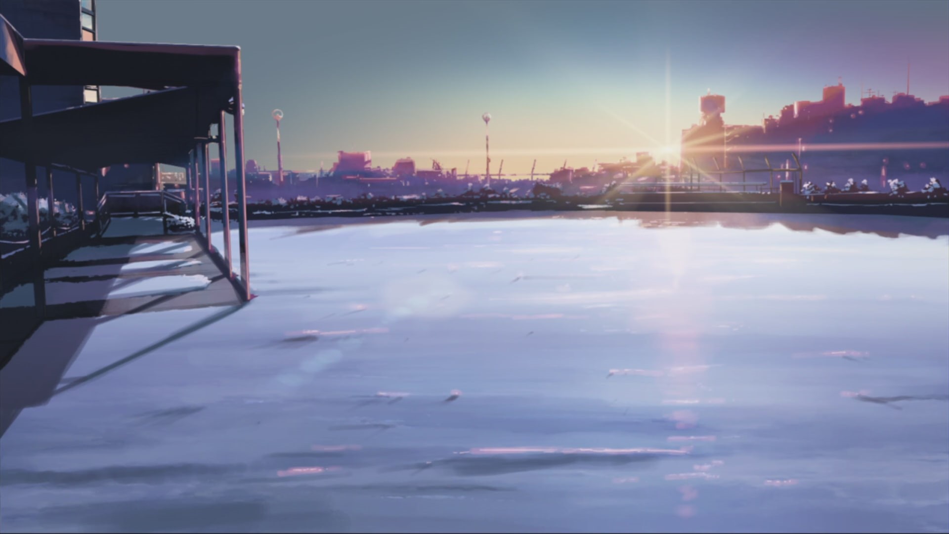 silhouette, built structure, sky, real people, anime, nature, sunbeam, cloud - sky, city, reflection, sun, 1080P, building exterior, Makoto Shinkai, transportation, HD Wallpaper
