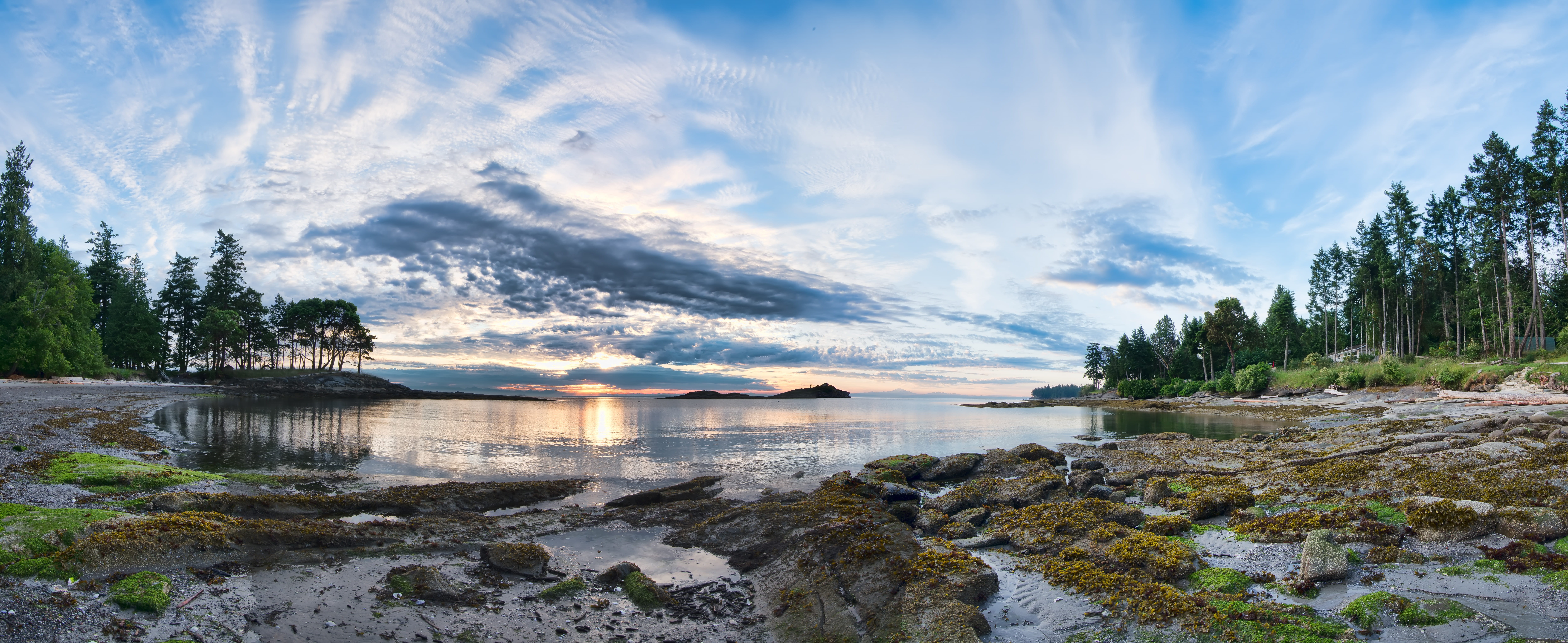 sundown, tranquil scene, seashore, tranquility, sunset, rocks, view, sunshine, land, peaceful, island, landscape, tree, scenics - nature, panoramic view, HD Wallpaper
