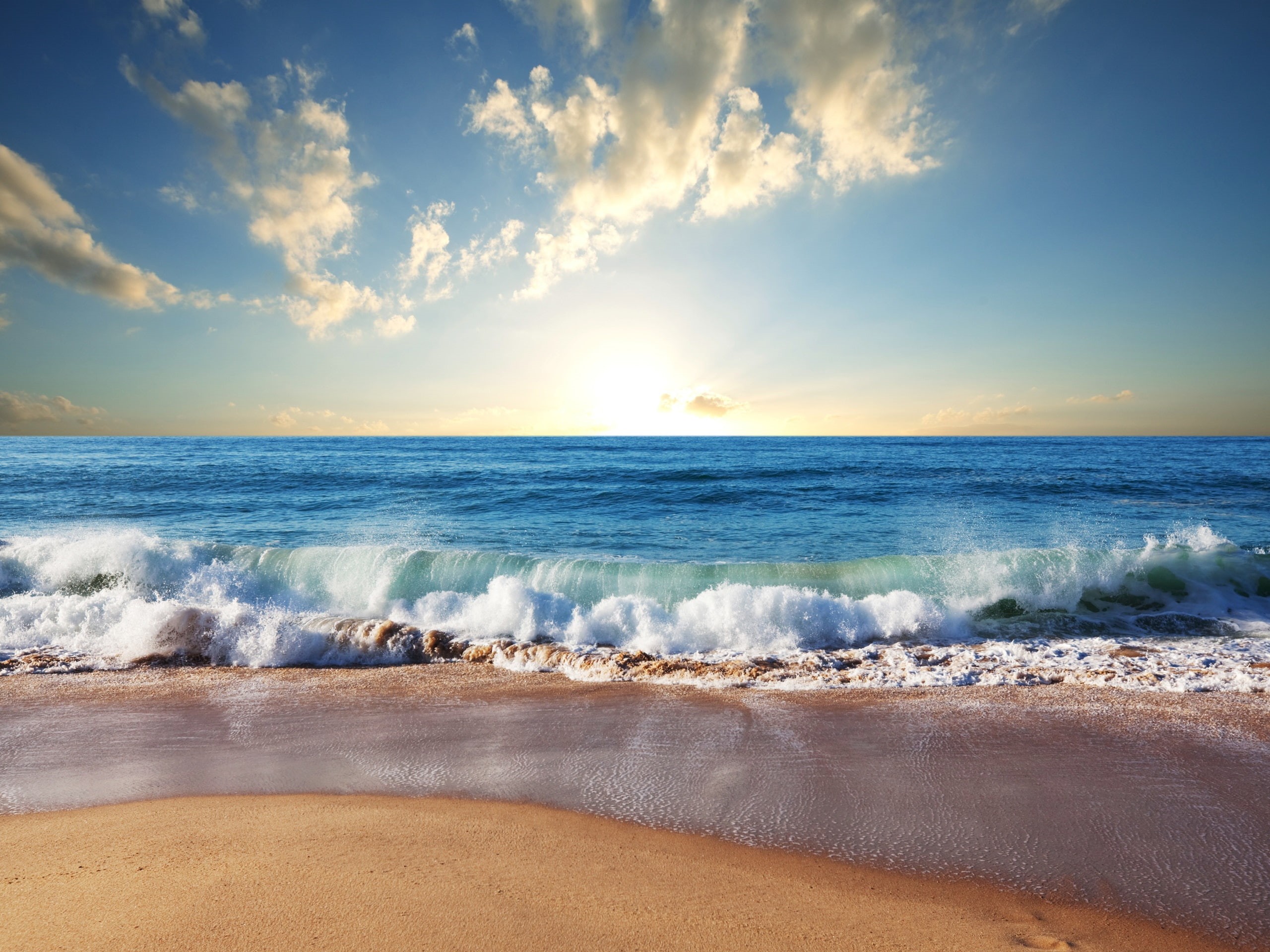 Sea, Sand, Clouds, Beach, water, sky, body, Waves, Sun, 2K, Blue, cloudy, HD Wallpaper