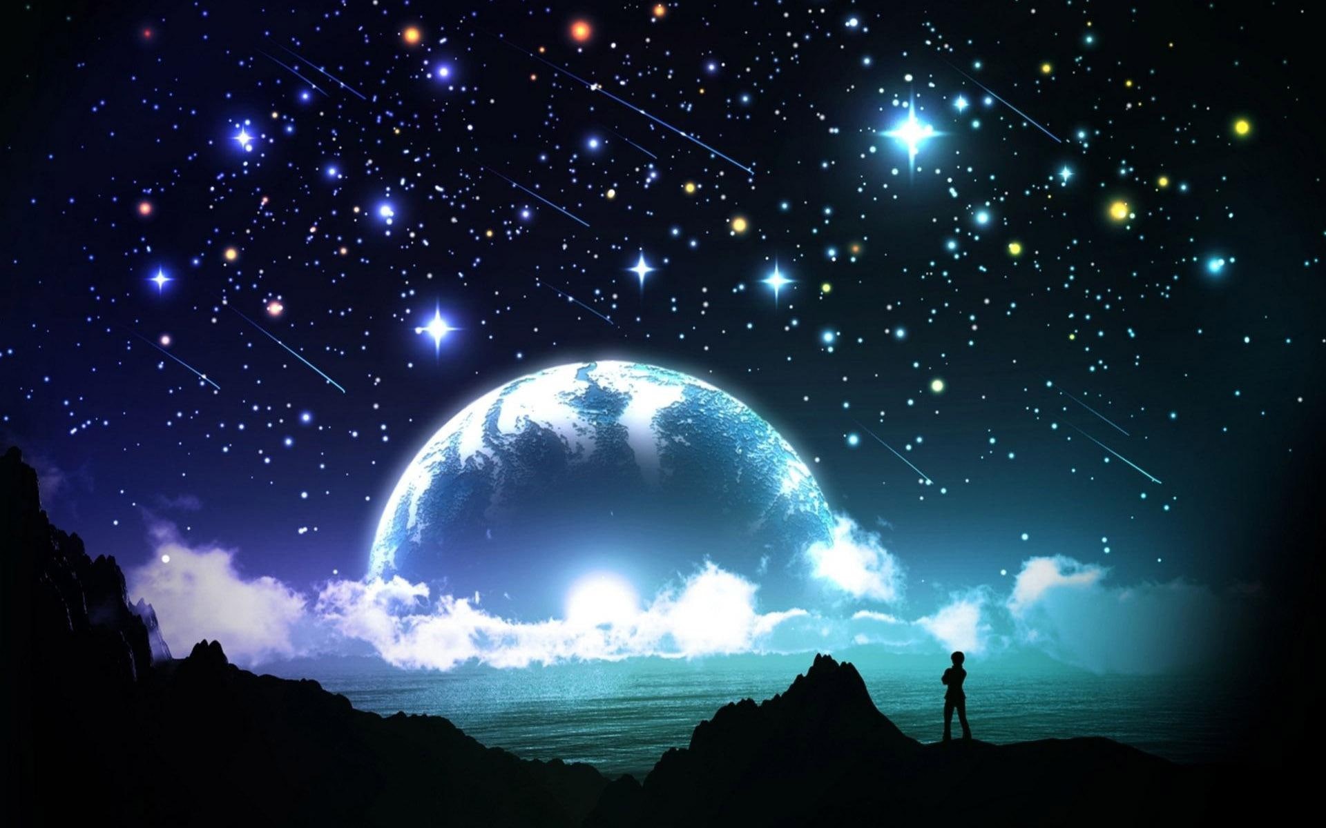 animation, shower, night, star, ocean, cloud, sky, moon, 1080P, 1920x1200, bright, fantasy, meteor, HD Wallpaper
