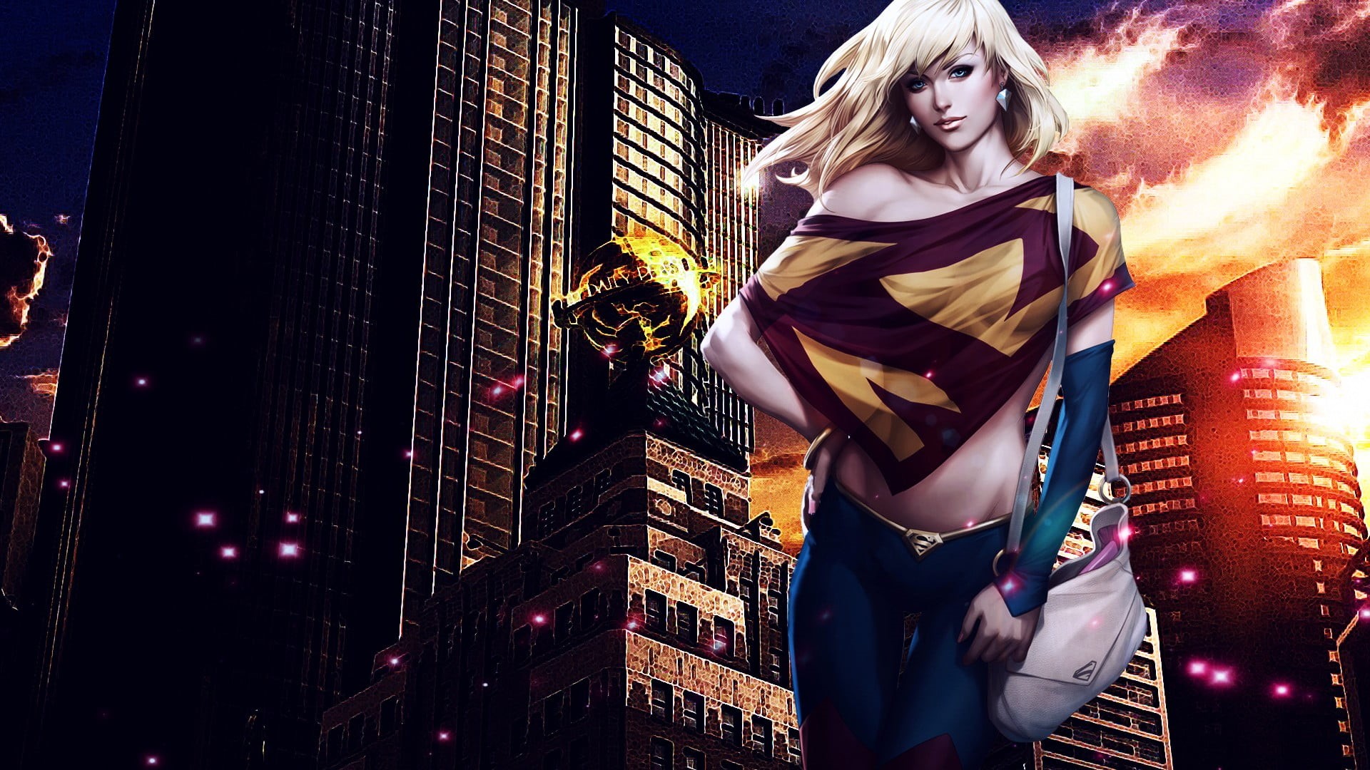 illuminated, pants, DC Comics, building exterior, digital art, hd, architecture, 1080P, beautiful woman, one person, standing, city, night, HD Wallpaper