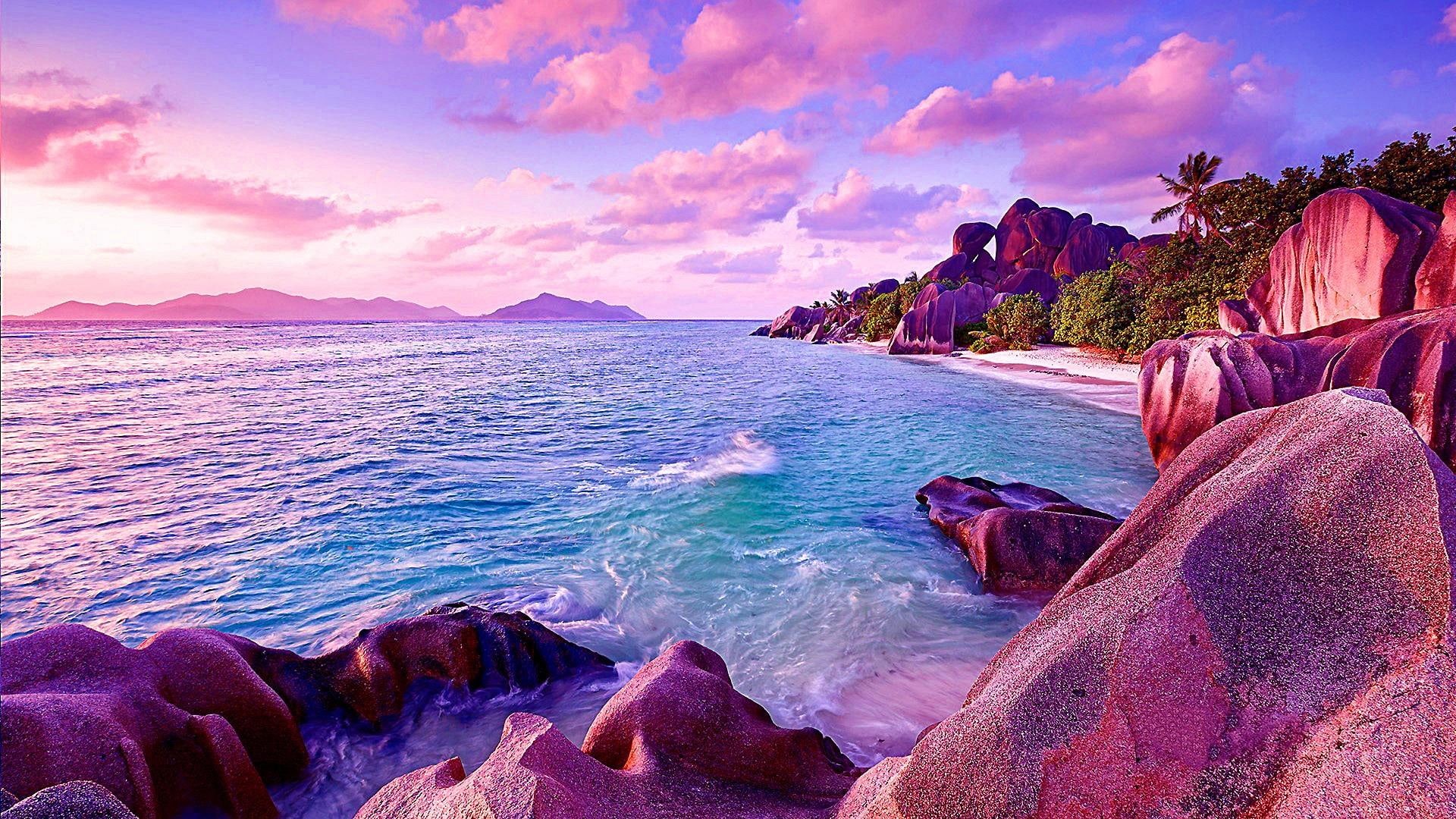ocean, rock ormation, coast, sky, 1080P, tourism, water, seychelles, beach, nature, purple, la digue, sea, shore, rock, HD Wallpaper