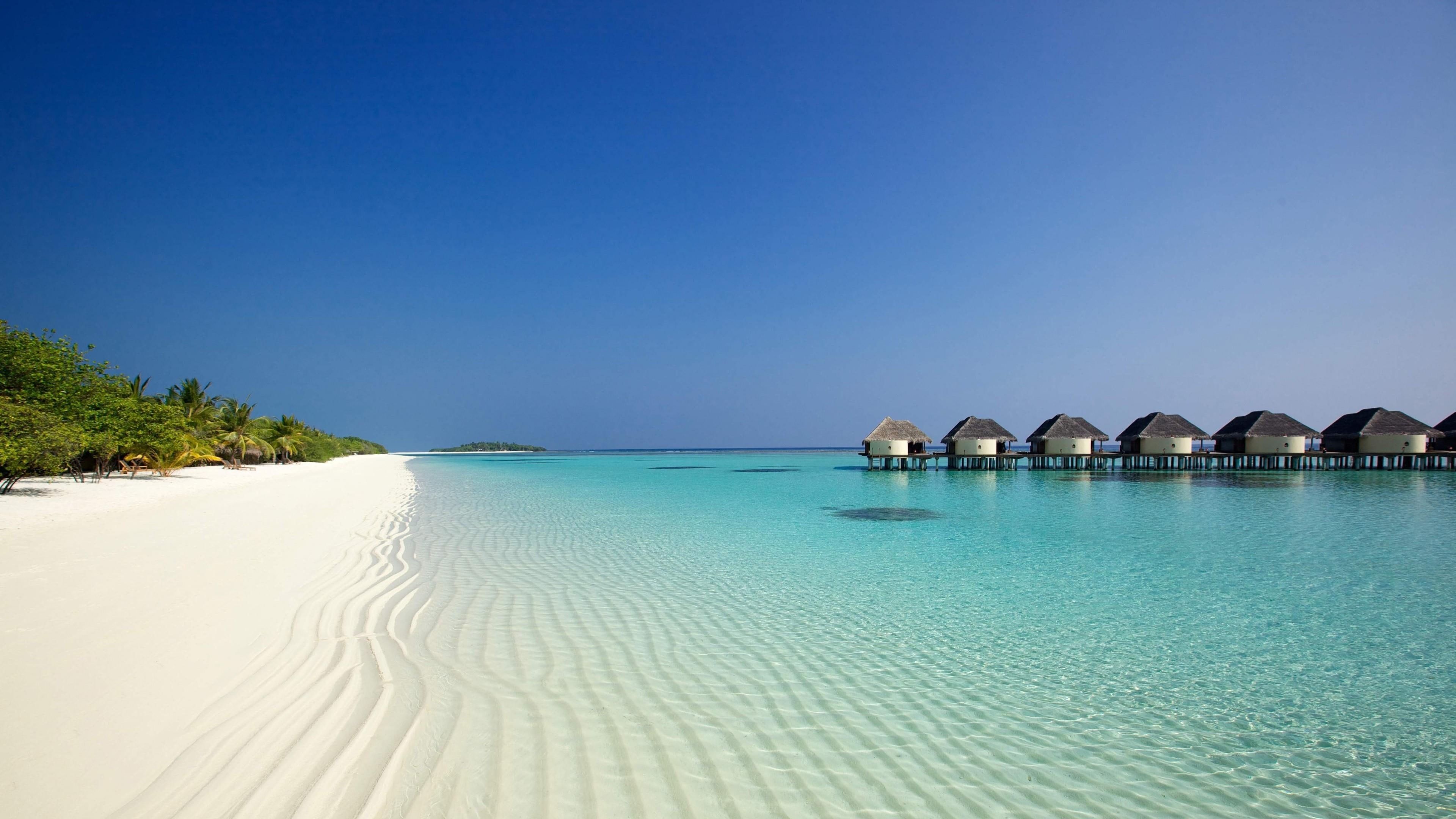 summer, blue sky, holiday, beach, bungalows, 4K, exotic, white sand, ocean, sandy beach, shore, HD Wallpaper