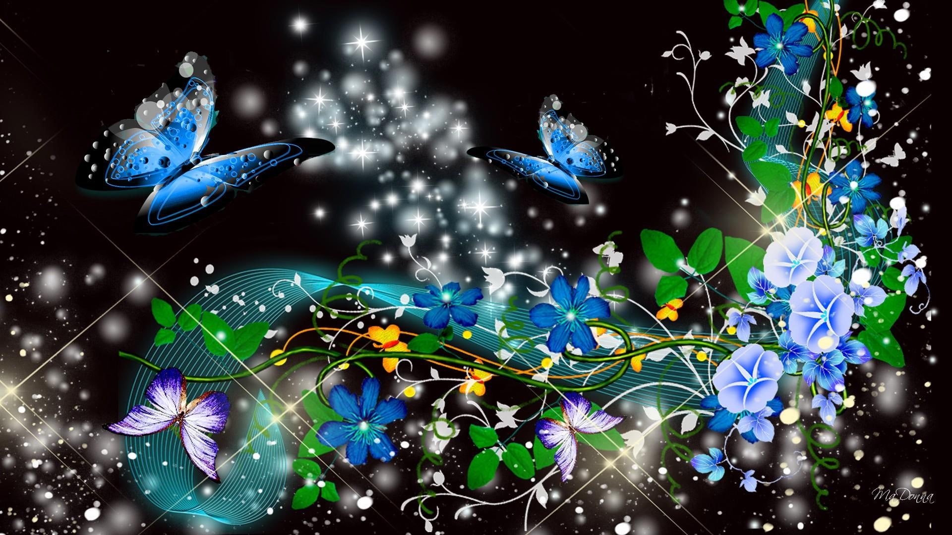 morning, sparkles, glories, vines, flower, bright, swirls, butterflies, stars, 3d and abstract, blue, 1080P, HD Wallpaper