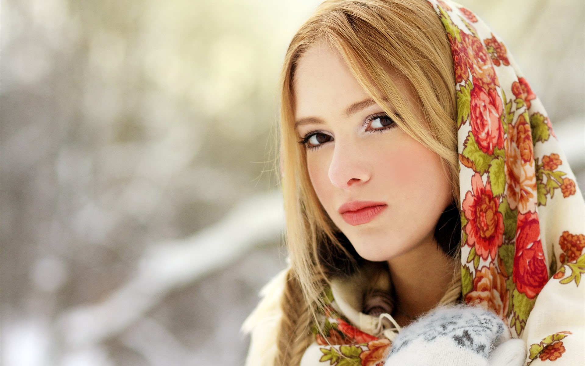 with, hot babes and girls, beautiful, girl, floral, scarf, 1080P, HD Wallpaper