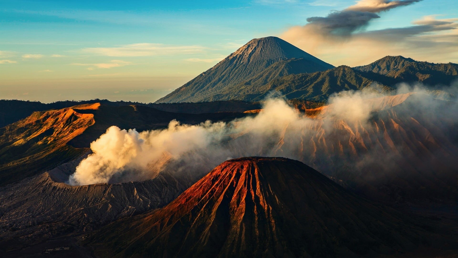 landscape, active volcano, mountain peak, Mount Bromo, nature, beauty in nature, erupting, 1080P, mountain, sky, non-urban scene, smoke - physical structure, HD Wallpaper