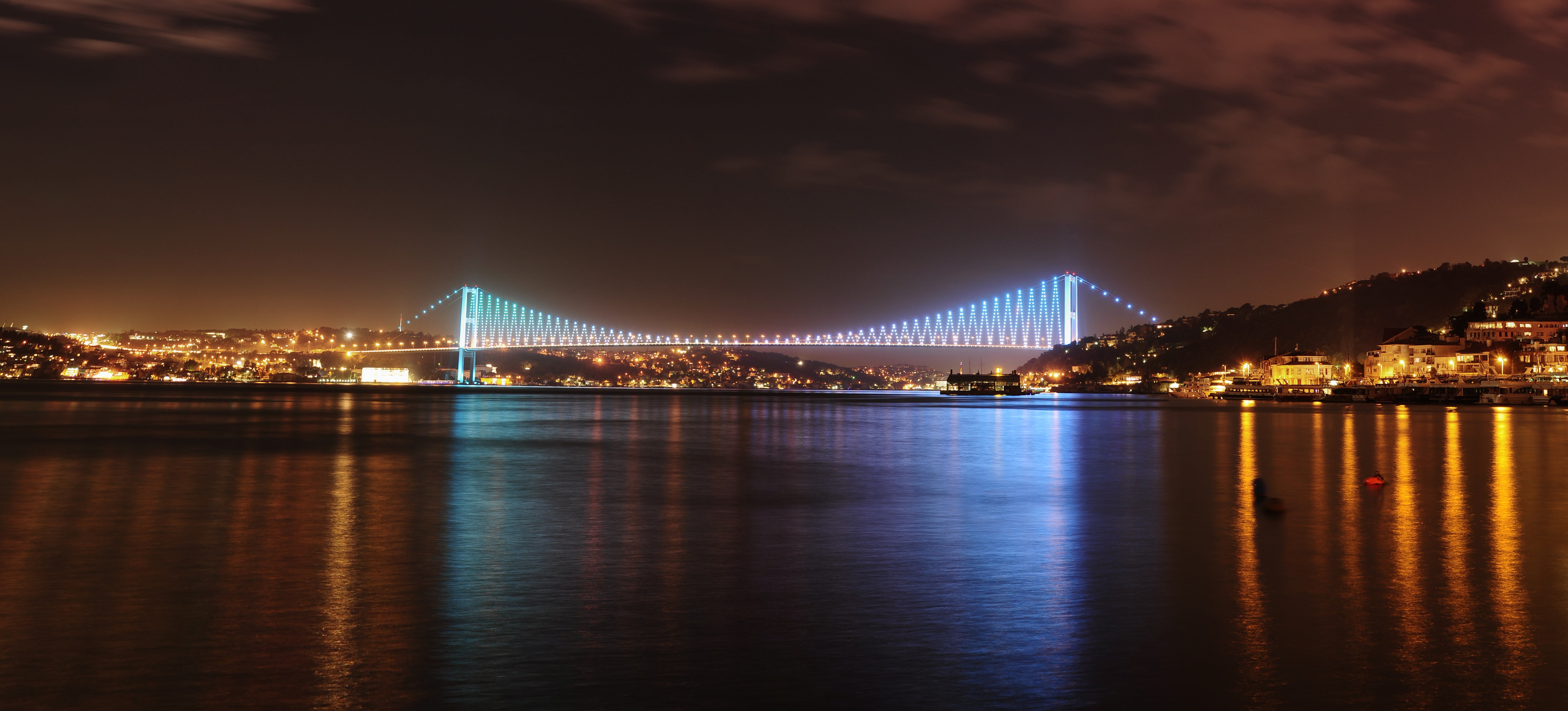 built Structure, bay, no People, lighted, traffic, outdoors, urban Skyline, night, ships, suspension Bridge, bridge - Man Made Structure, Istanbul Turkey, HD Wallpaper