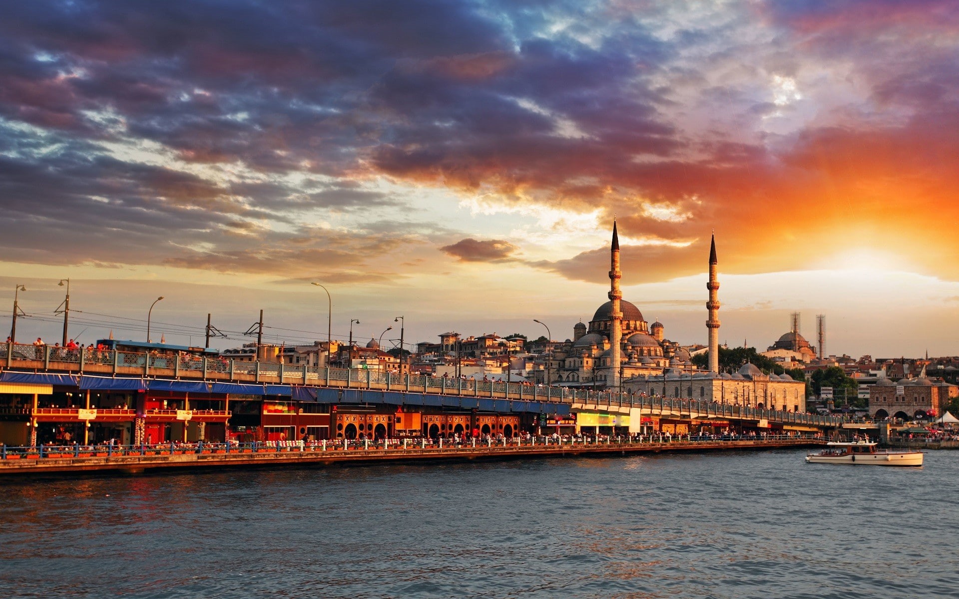 Galata Bridge, sea, Islamic Architecture, Mosque, clouds, bridge, Yeni Camii, city, Istanbul, 1080P, turkey, architecture, sunset, HD Wallpaper