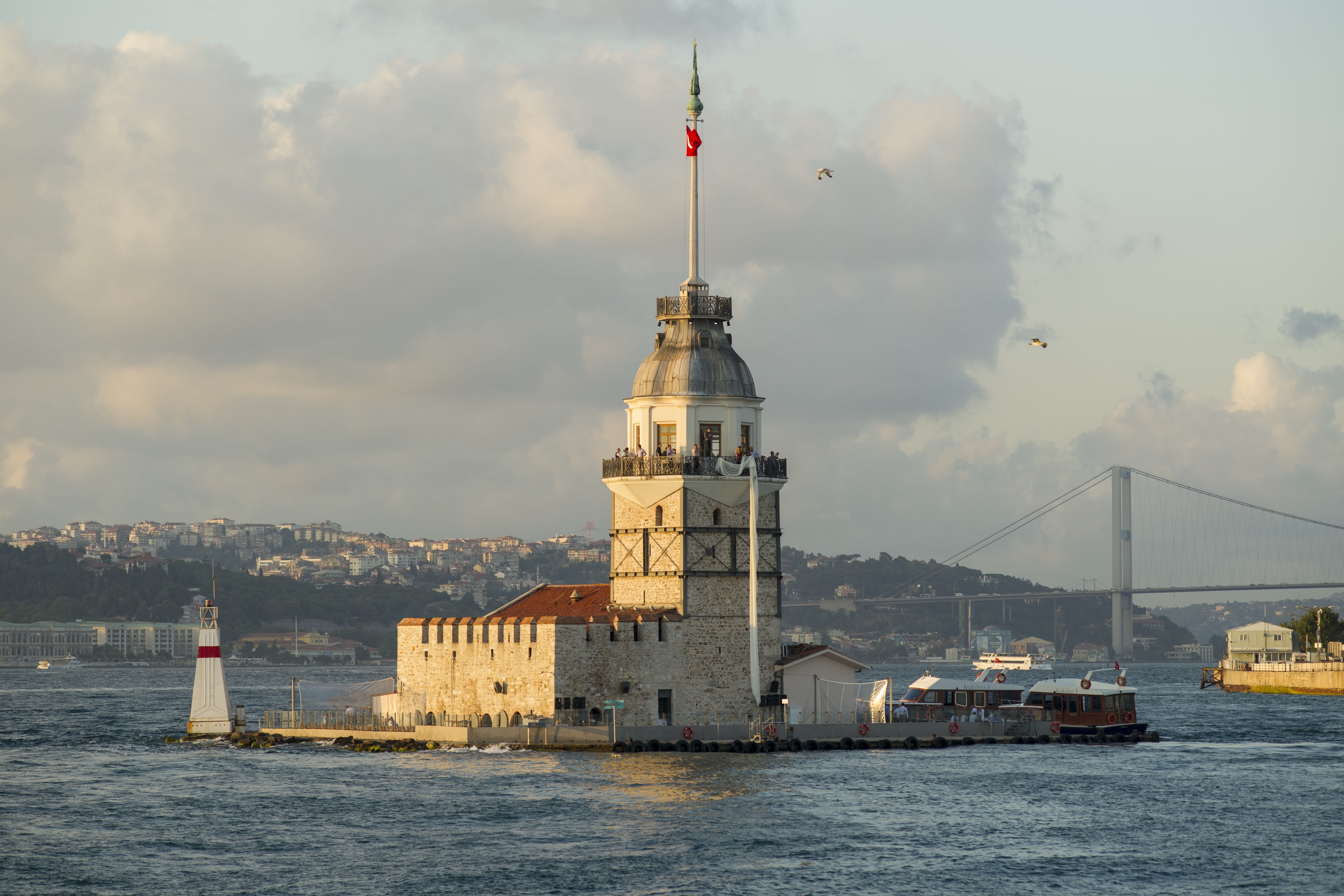 nautical vessel, maidens, architecture, sunset, travel, no people, unbelievable, waterfront, blue, üsküdar, turkey, istanbul, spire, peace, 5K, building exterior, HD Wallpaper