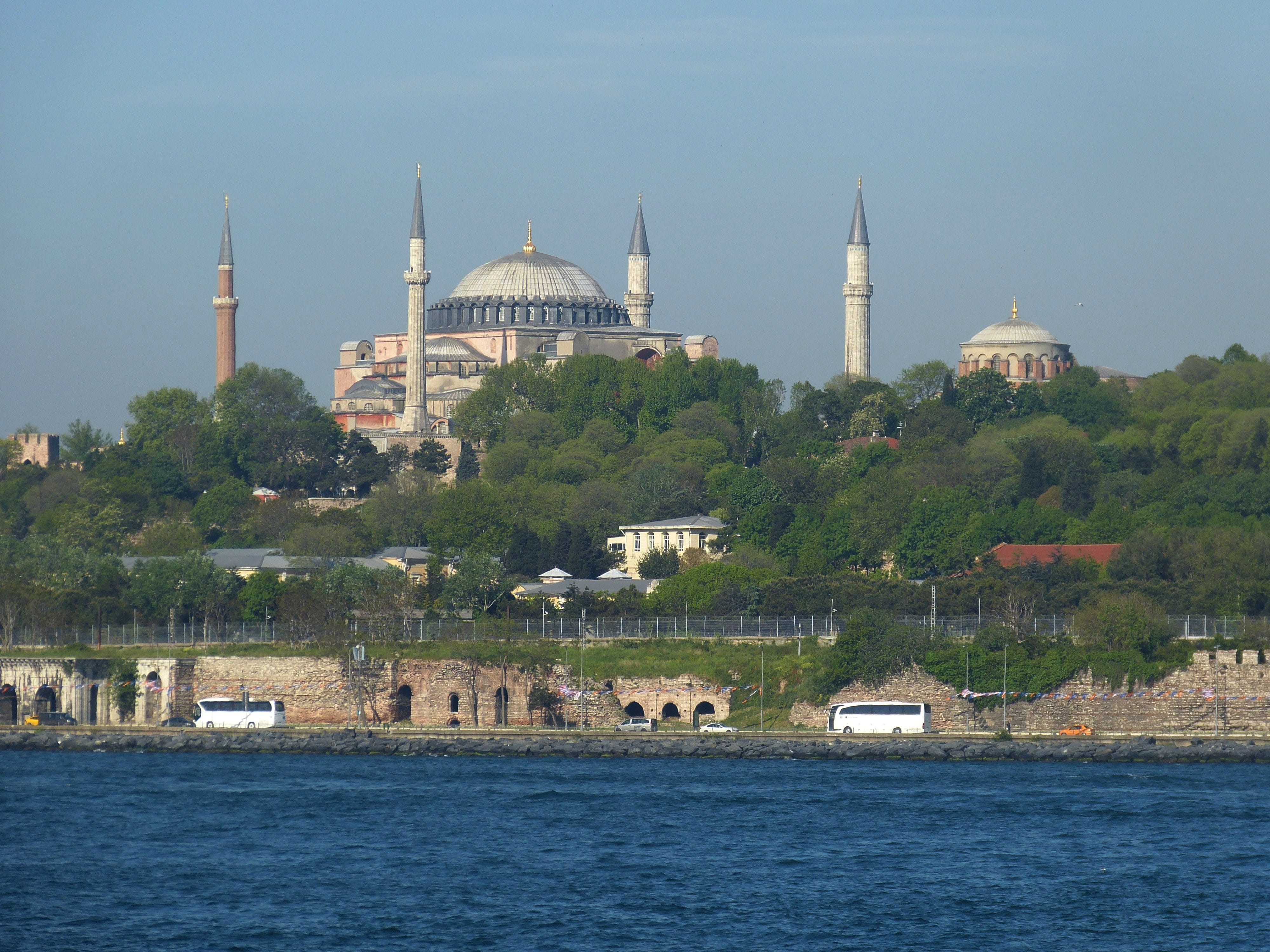 city wall, building exterior, mosque, cityscape, belief, Bosphorus, historically, ship, shipping, Istanbul, industry, hagia sophia, 4K, tree, waterfront, HD Wallpaper