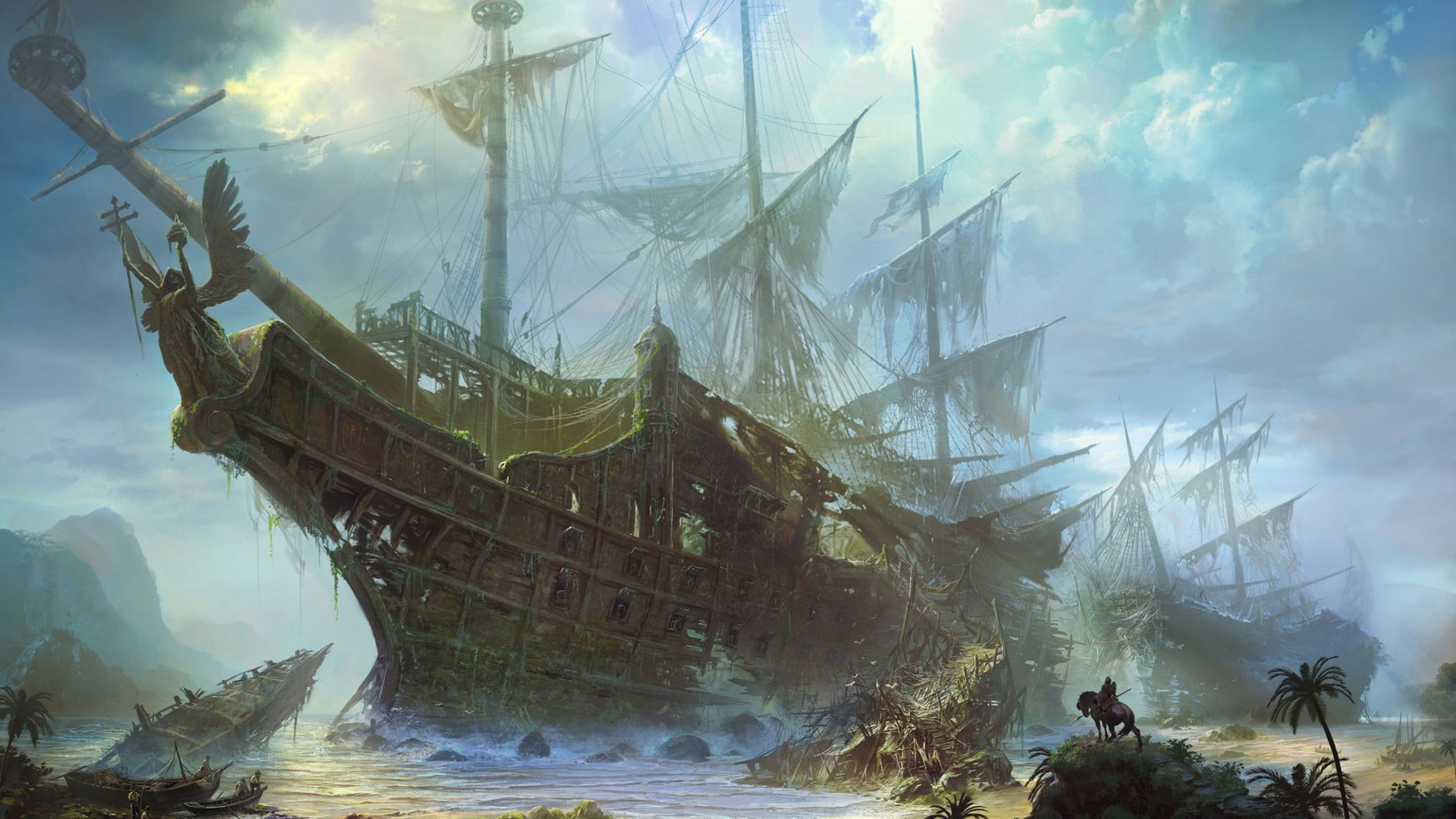 nature, religion, real people, 1080P, day, galleon, shipwreck, artwork, ship, transportation, drawing, art and craft, nautical vessel, architecture, belief, HD Wallpaper