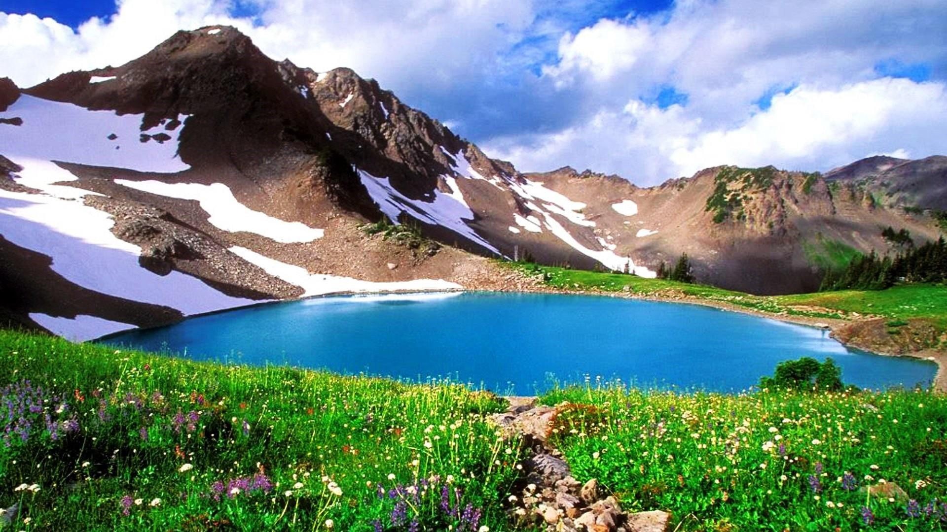 meadow, glacier lake, spring, pakistan, wildflowers, pond, mountain lake, godur lake, mountain, lake, 1080P, kalam, godar lake, mount scenery, swat valley, HD Wallpaper