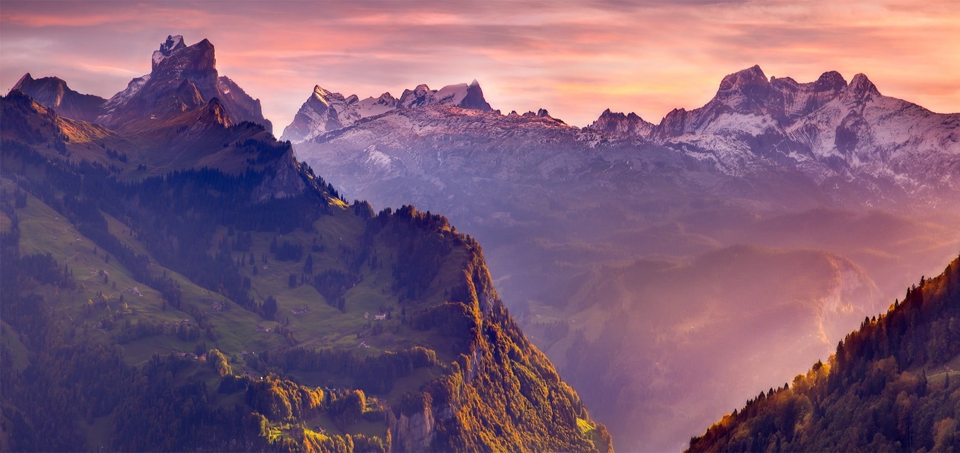 no people, sunset, rock, forest, 720P, pine tree, Swiss Alps, brown, mountain, snowcapped mountain, rock - object, mountain peak, snowy peak, scenics - nature, HD Wallpaper