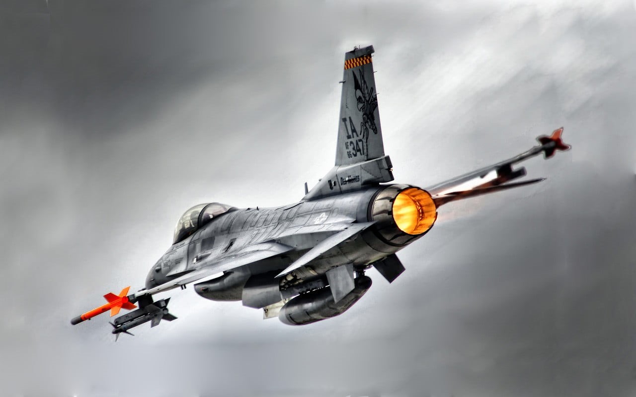 motion, sky, afterburner, military aircraft, mode of transportation, 720P, day, gray, warning sign, leaving, cloud - sky, on the move, plane, General Dynamics F-16 Fighting Falcon, HD Wallpaper