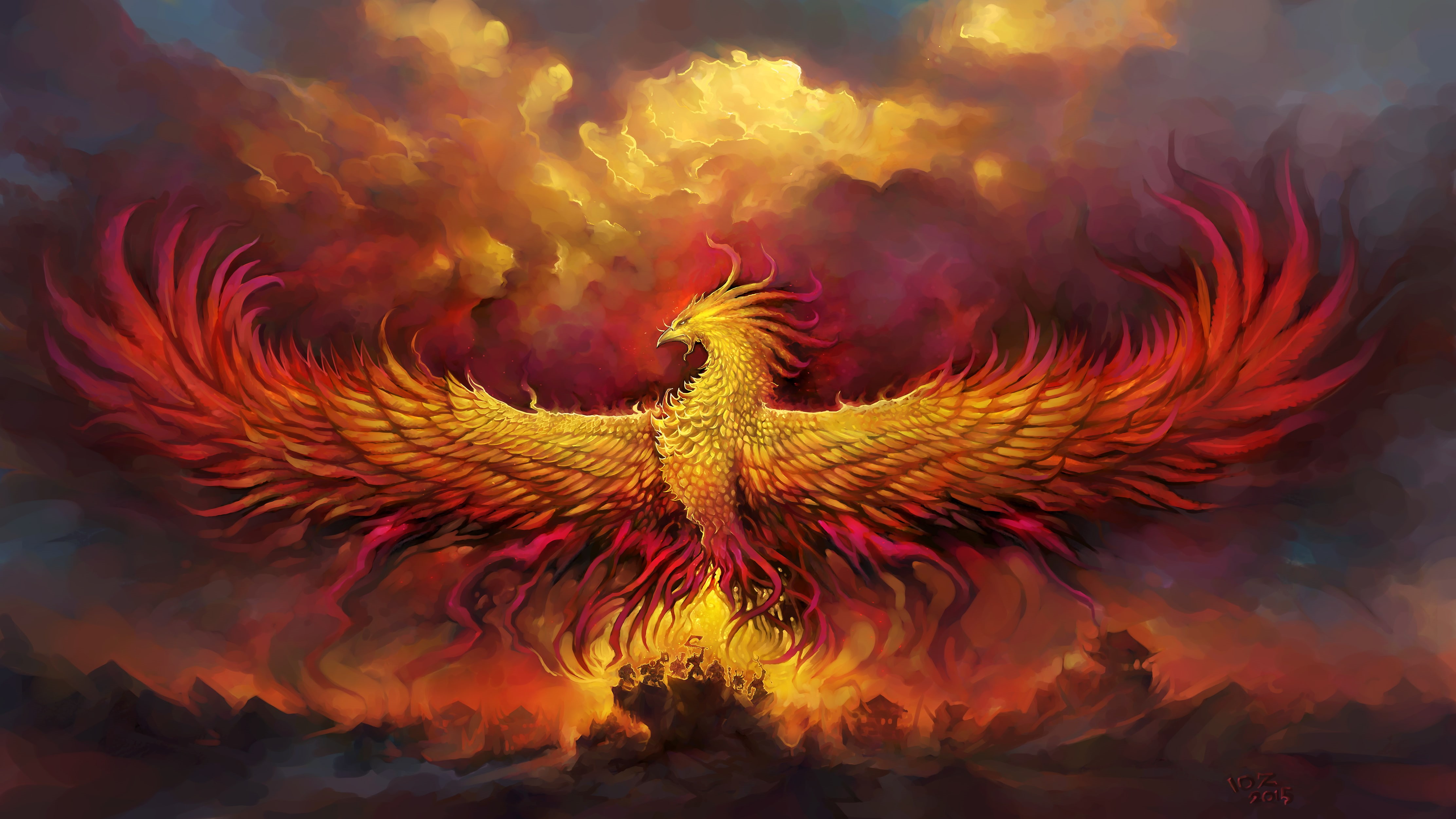Phoenix, Orange, Cloud, Artistic, Fire, Fantasy Animals, Bird, Red, 4K, Colorful, HD Wallpaper
