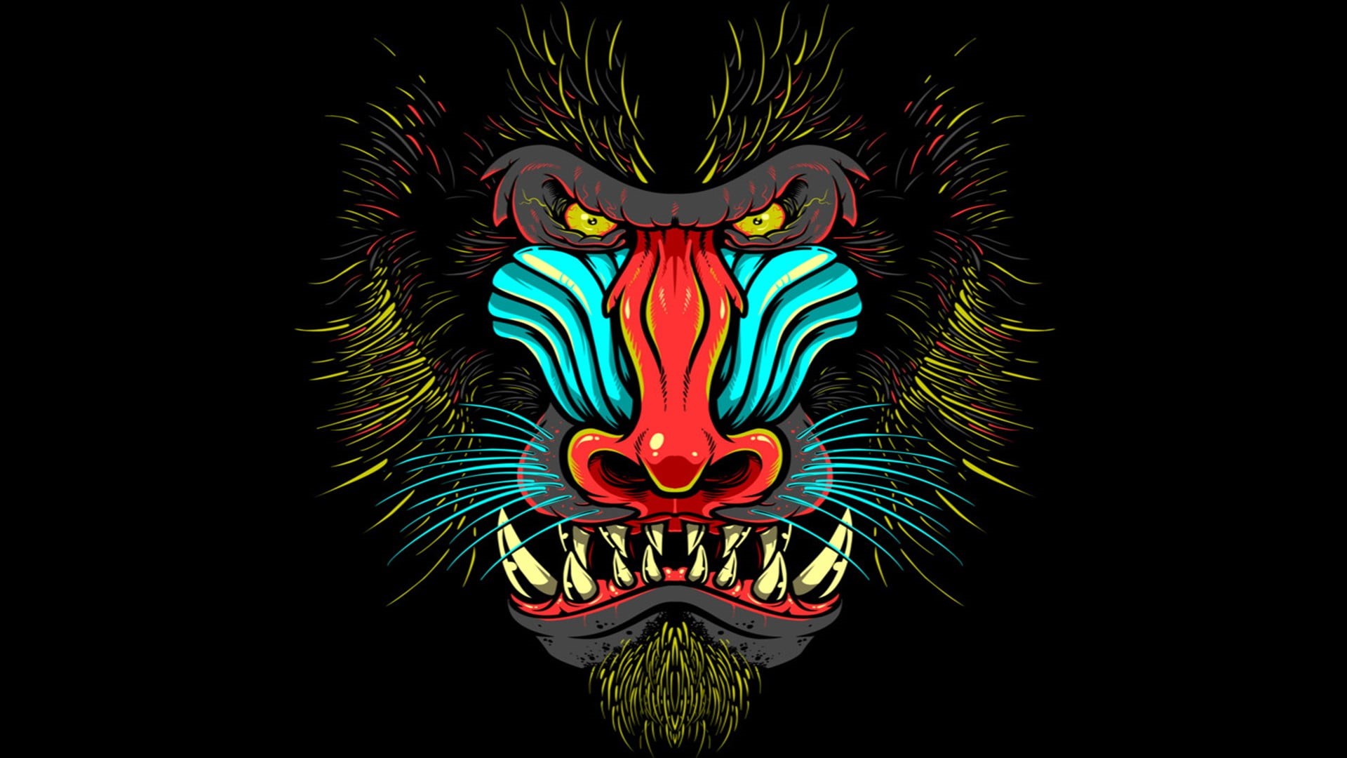 black background, cyan, creativity, Mandrill, close-up, multi colored, fangs, illuminated, 1080P, representation, colorful, yellow eyes, animal themes, HD Wallpaper