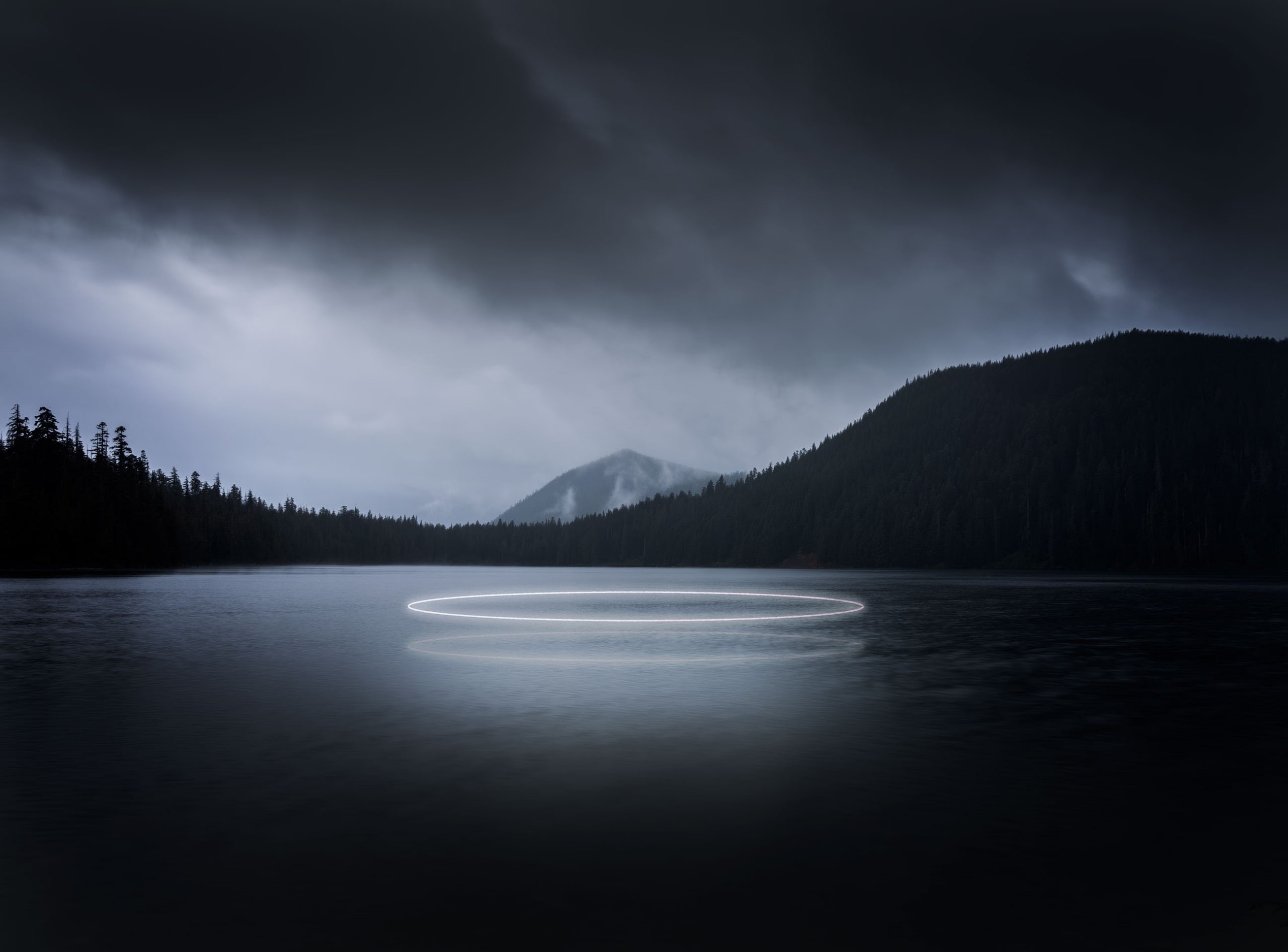 2K, Forest, Mountain, Neon, Light, photomanipulation, Circle, enigmatic, photoshopediting, Woodland, Lake, Creative, Landscape, Aero, gloomy, Scenery, HD Wallpaper