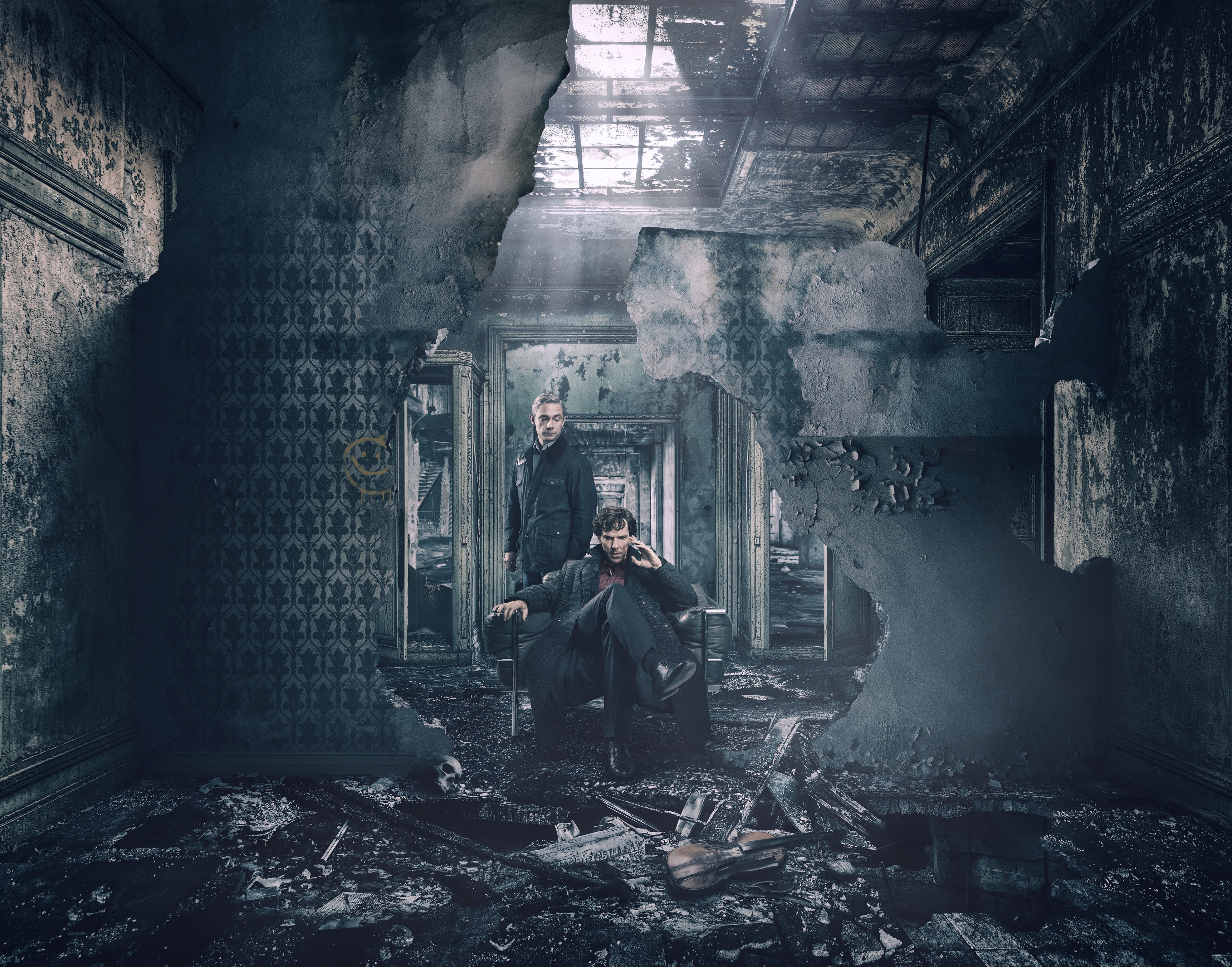 Sherlock Holmes, portrait, 4K, The Final Problem, 2017, full length, adult, deterioration, Benedict Cumberbatch, men, wall - building feature, obsolete, HD Wallpaper