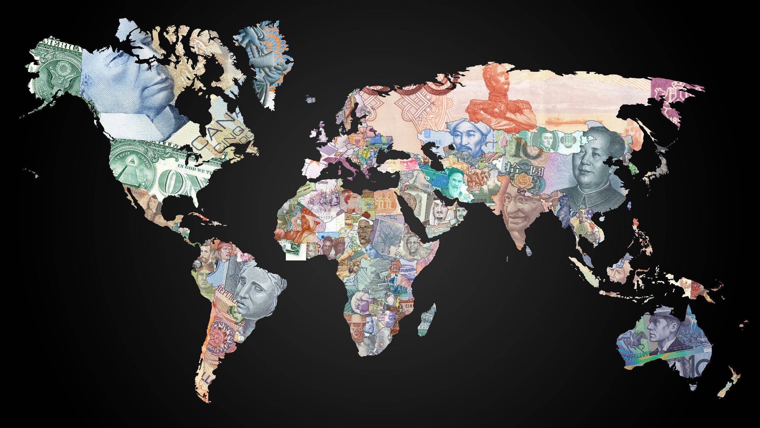 studio shot, currency, 2K, world map, design, global business, wide, dollar, creativity, multi colored, black background, money, variation, world, indoors, HD Wallpaper