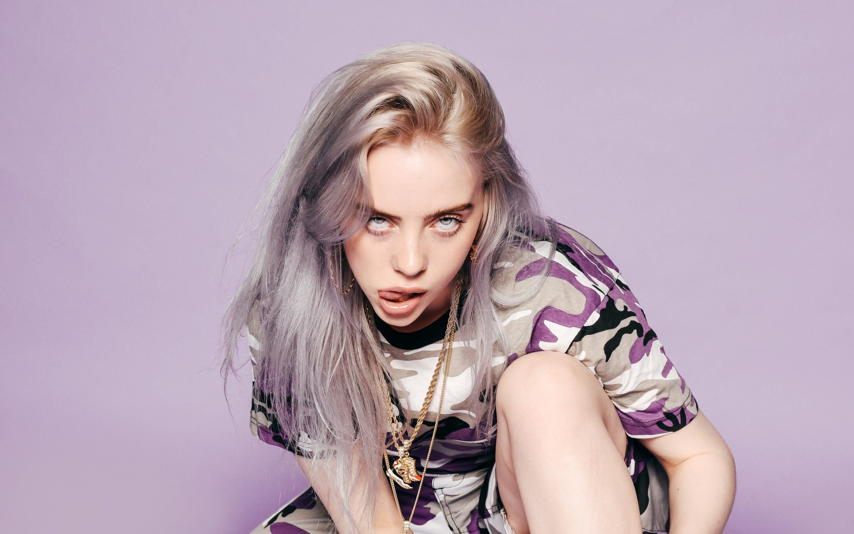 simple background, camouflage, singer, women, 2K, drugs, Billie Eilish, purple, tongue out, HD Wallpaper