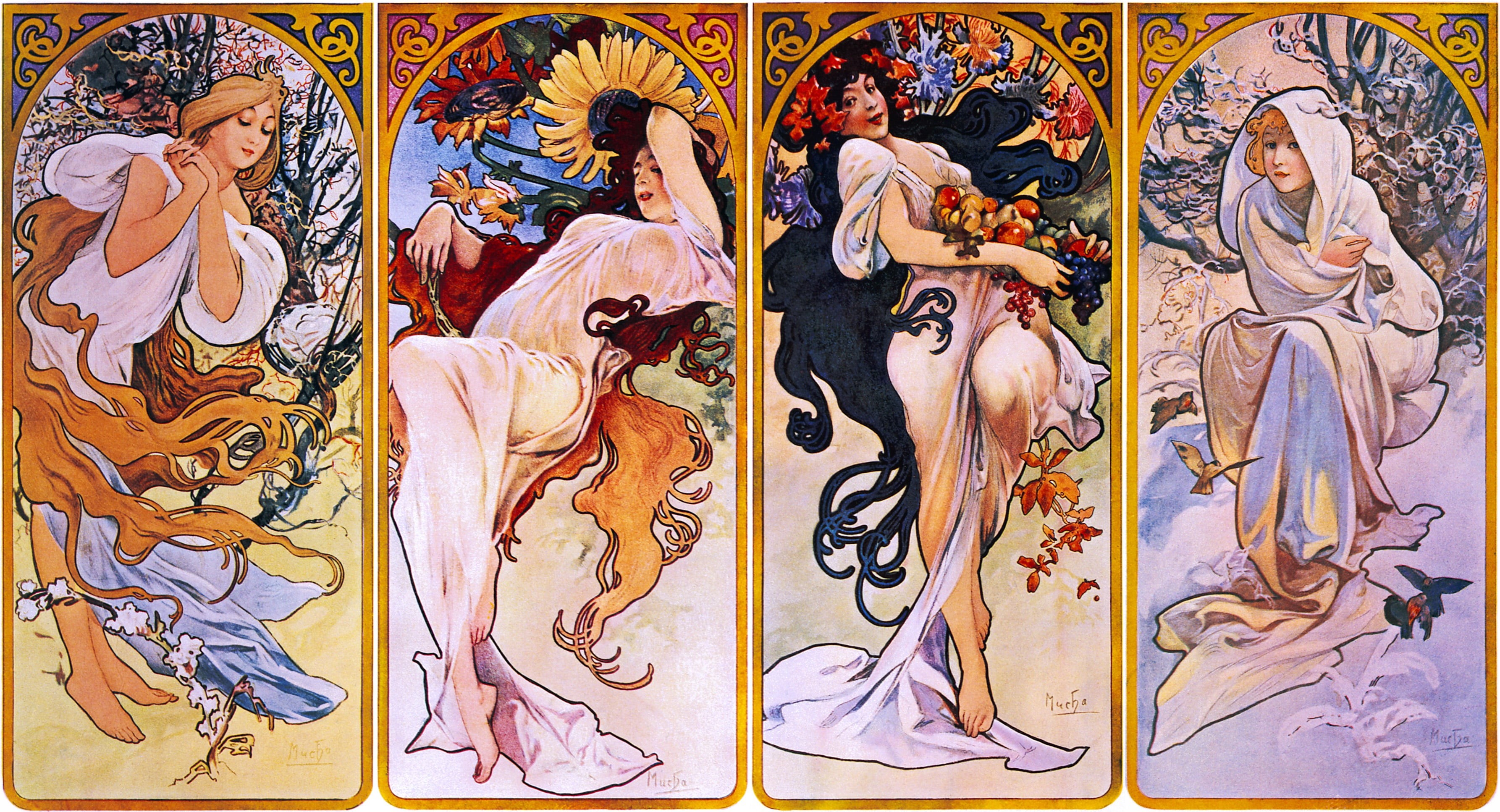 Seasons, Alphonse Mucha, 2K, 1895, winter, autumn, summer, spring, HD Wallpaper
