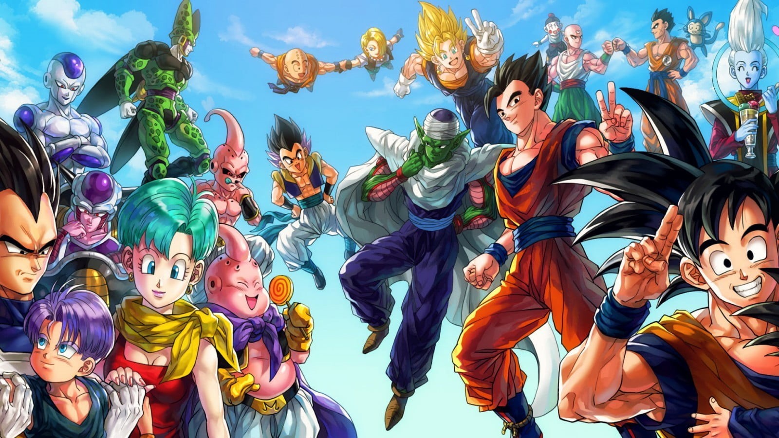 people, dragon, Majin Boo, sky, Yamcha, human representation, multi Colored, vector, representation, women, illustration, Vegeta, ball, real people, men, HD Wallpaper