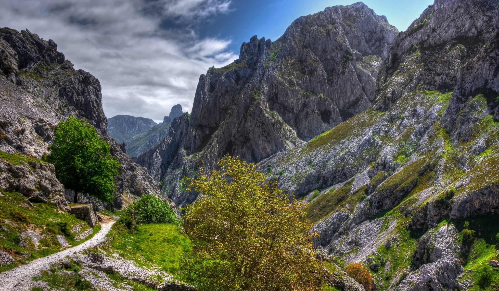 covered, Tamron, 1080P, landscape, mountain, Spain, picos de Europa, blue, rock, Sony, european Alps, green grass, Ruta del Cares, Asturias, nature, rock mountain, HD Wallpaper