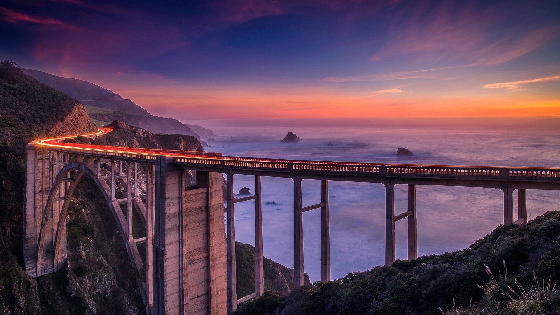 1080P, california, built structure, bridge, nature, horizon over water, arch bridge, no people, coast, night, pacific ocean, transportation, architectural column, HD Wallpaper