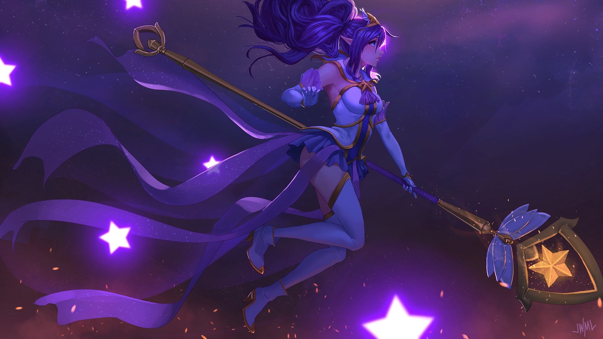 Star Guardian, night, low angle view, magic, nature, water, close-up, light, lighting equipment, marine, animals in the wild, animal, fantasy girl, Janna (League of Legends), HD Wallpaper