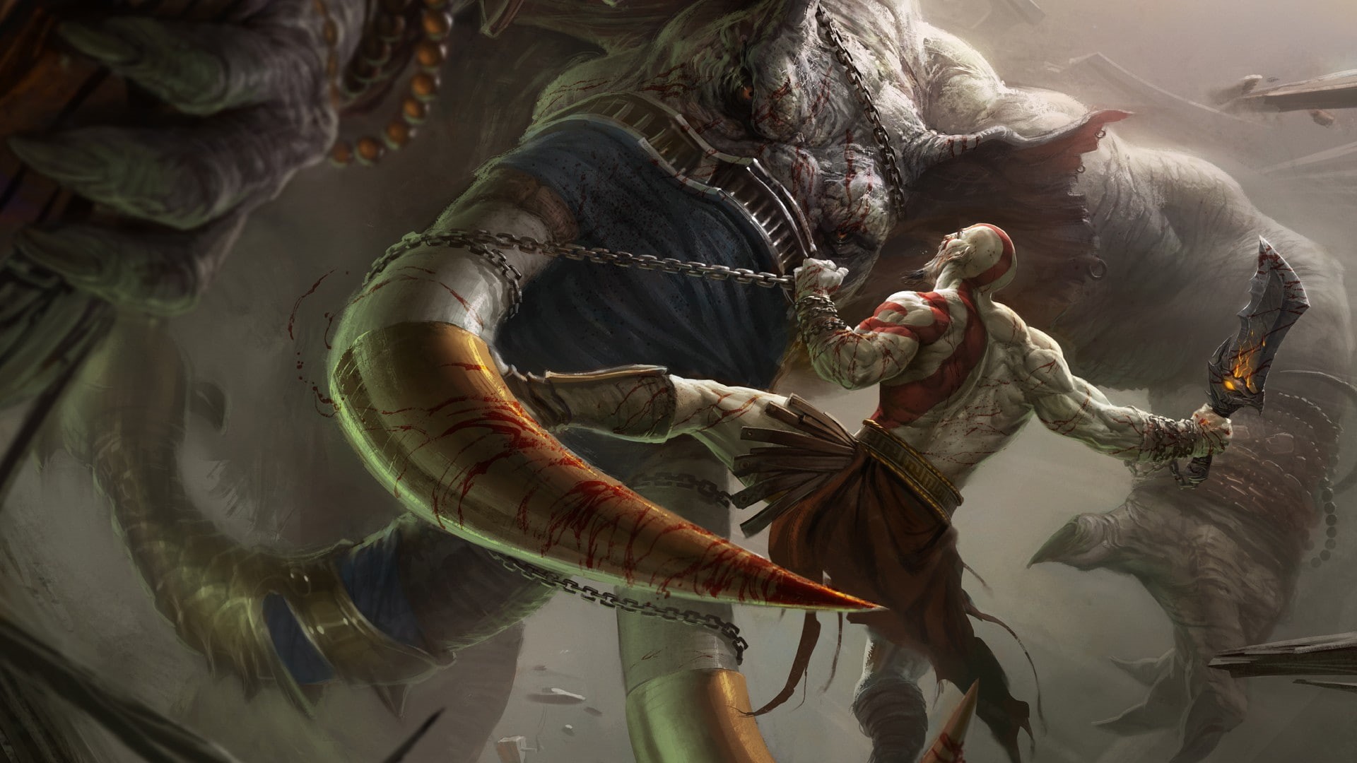 illustration, 1080P, gods, video games, monster, kratos, god, war, hd, HD Wallpaper