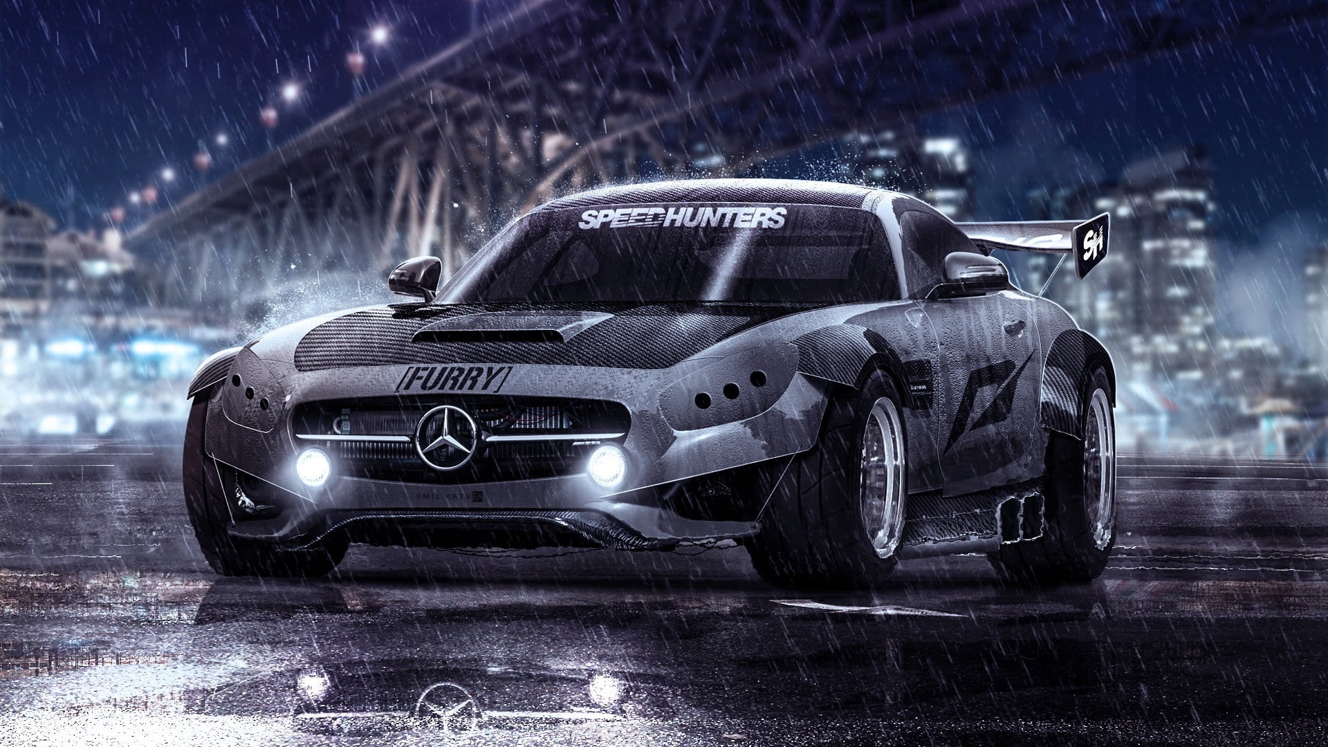 motor vehicle, rain, 1080P, benz, headlight, night, no people, land vehicle, mercedes, tuning, Mercedes SLS, retro styled, motion, depth of field, vintage car, HD Wallpaper