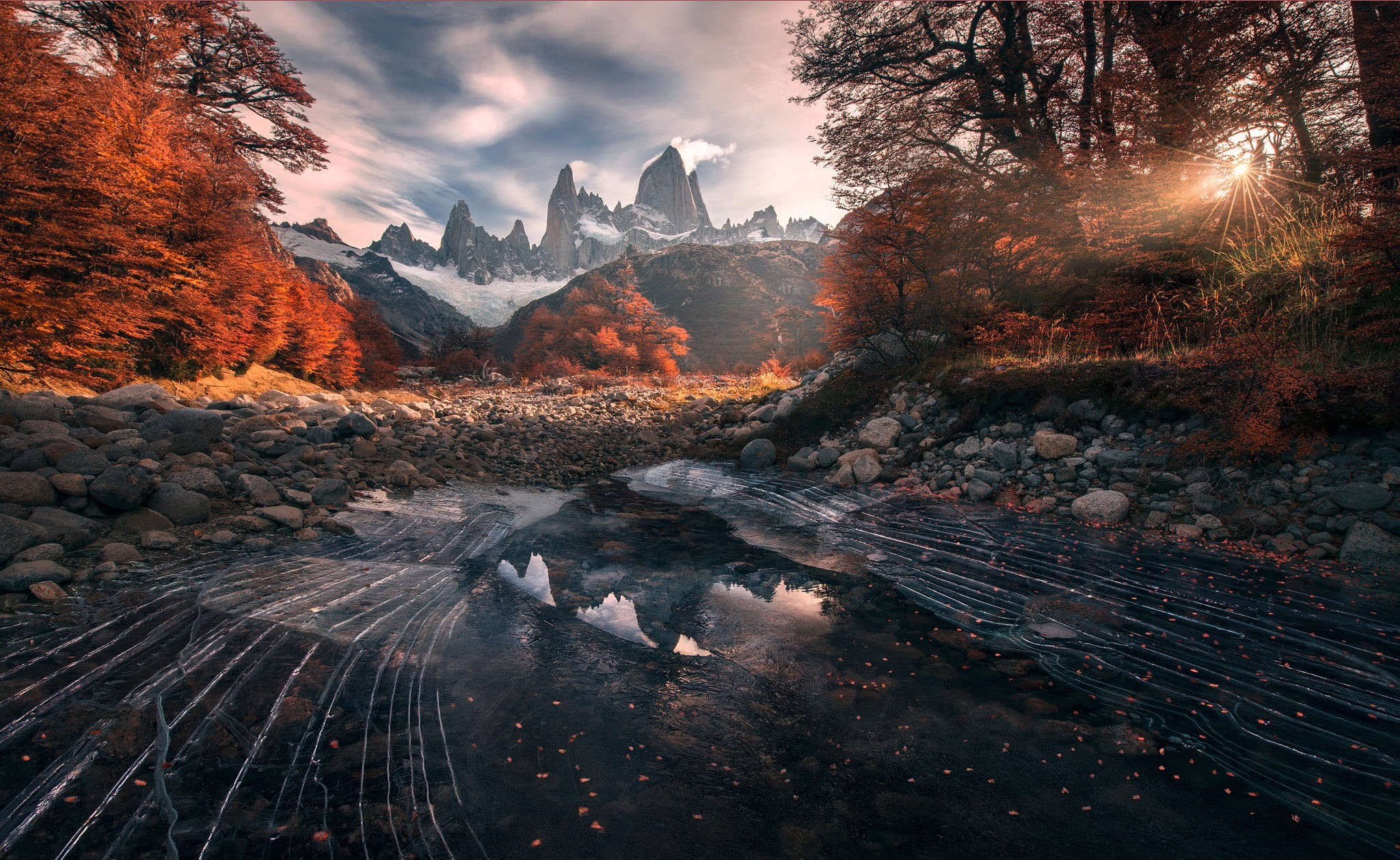 sky, mountains, sun, Patagonia, Chile, landscape, fall, plant, tree, orange Color, mountain, rock, scenics - nature, land, forest, clouds, frozen lake, HD Wallpaper