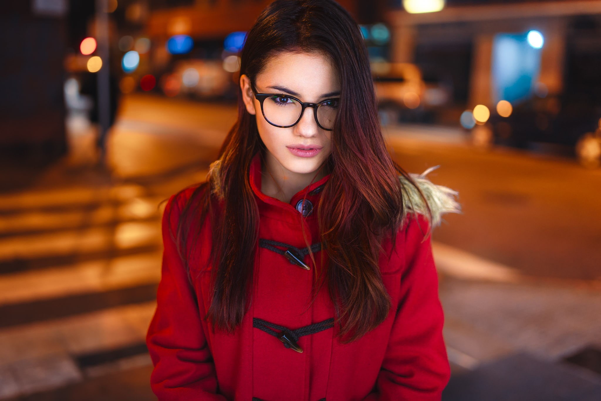 young women, Delaia Gonzalez, black, lifestyles, coats, portrait, city, adult, focus on foreground, smiling, night, hair, s, eyeglasses, long hair, hairstyle, HD Wallpaper