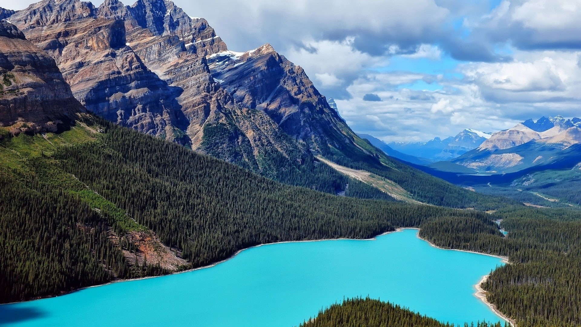 sky, mountain range, scenics - nature, Banff National Park, outdoors, no people, 1080P, waterfront, landscape, Canada, cloud - sky, idyllic, turquoise colored, HD Wallpaper