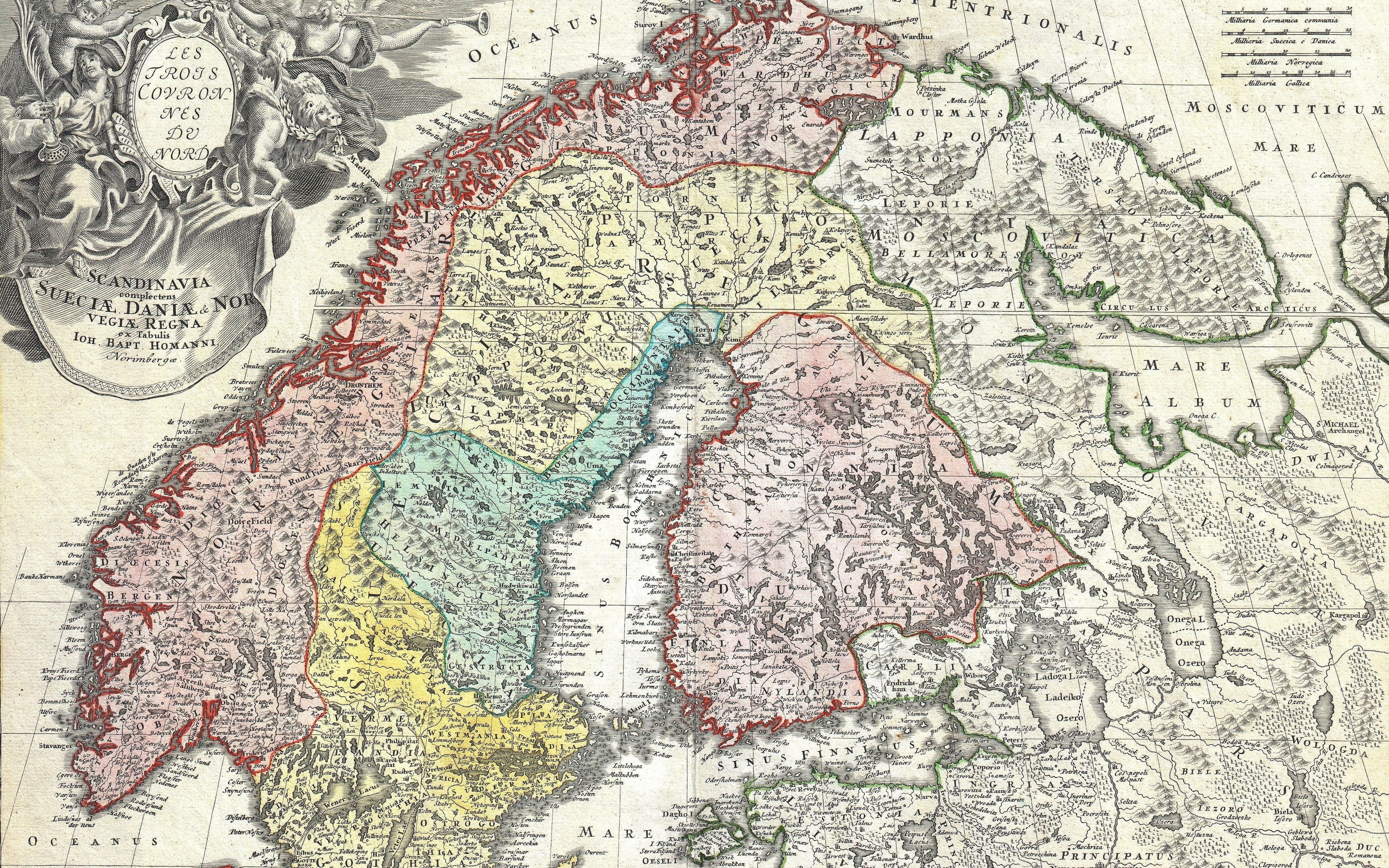 Denmark, Scandinavia, 4K, Norway, Geographicus, Homann Map of Scandinavia, Finland, Sweden, Johann Baptist Homann, German engraver and cartographer, 1730, HD Wallpaper