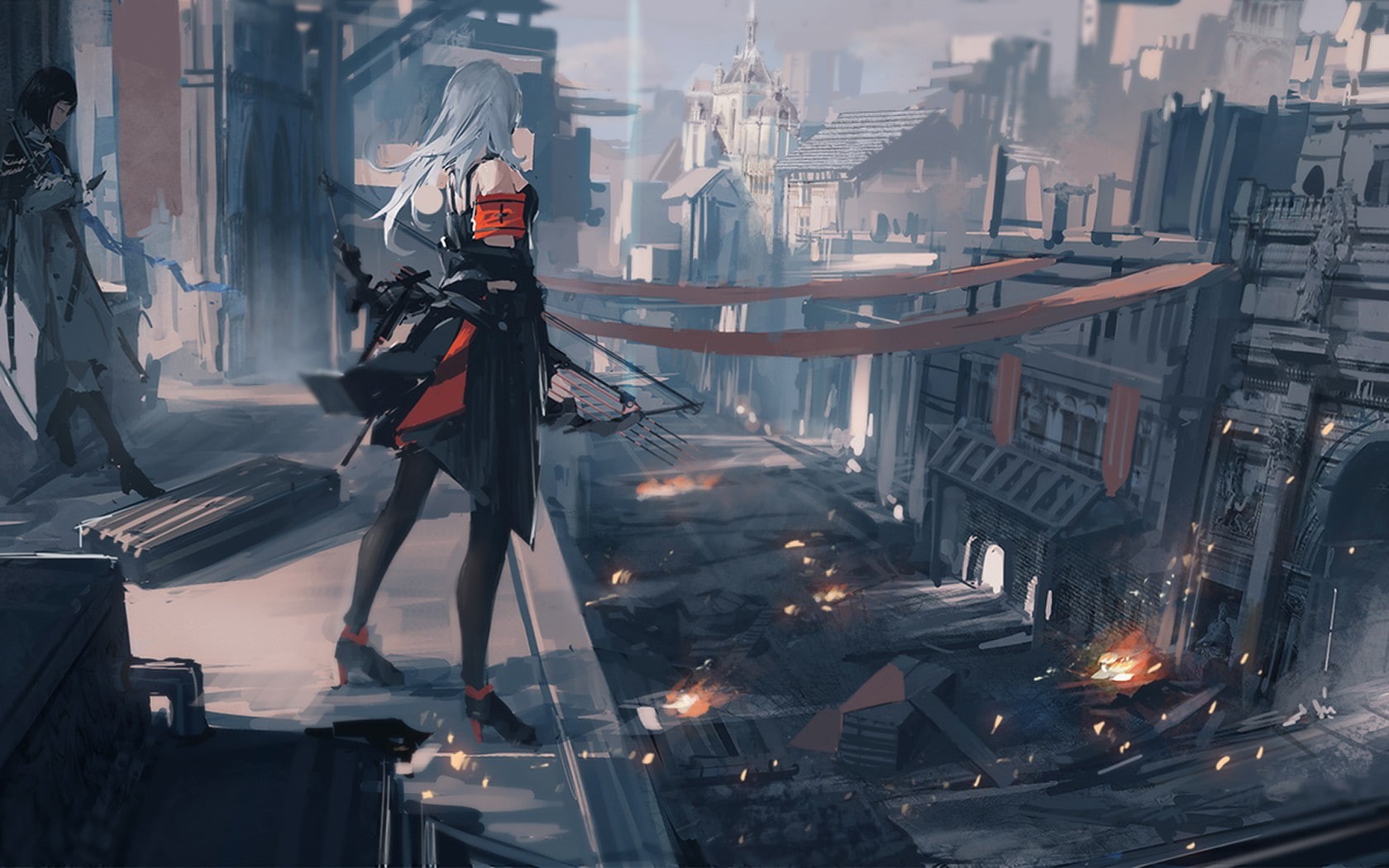 bow, Archer Natus, 720P, bow and arrow, fire, anime girls, original characters, anime, city, Pixiv Fantasia, weapon, manga, white hair, Pixiv Fantasia T, HD Wallpaper
