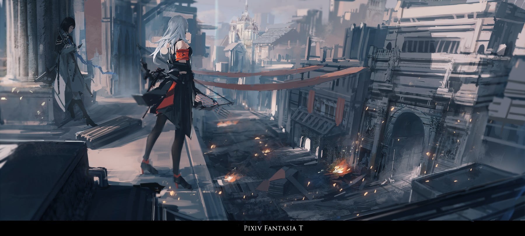 people, fantasy city, standing, illuminated, Archer Natus, city, real people, pollution, anime girls, one Person, industry, Pixiv Fantasia T, anime, street, HD Wallpaper