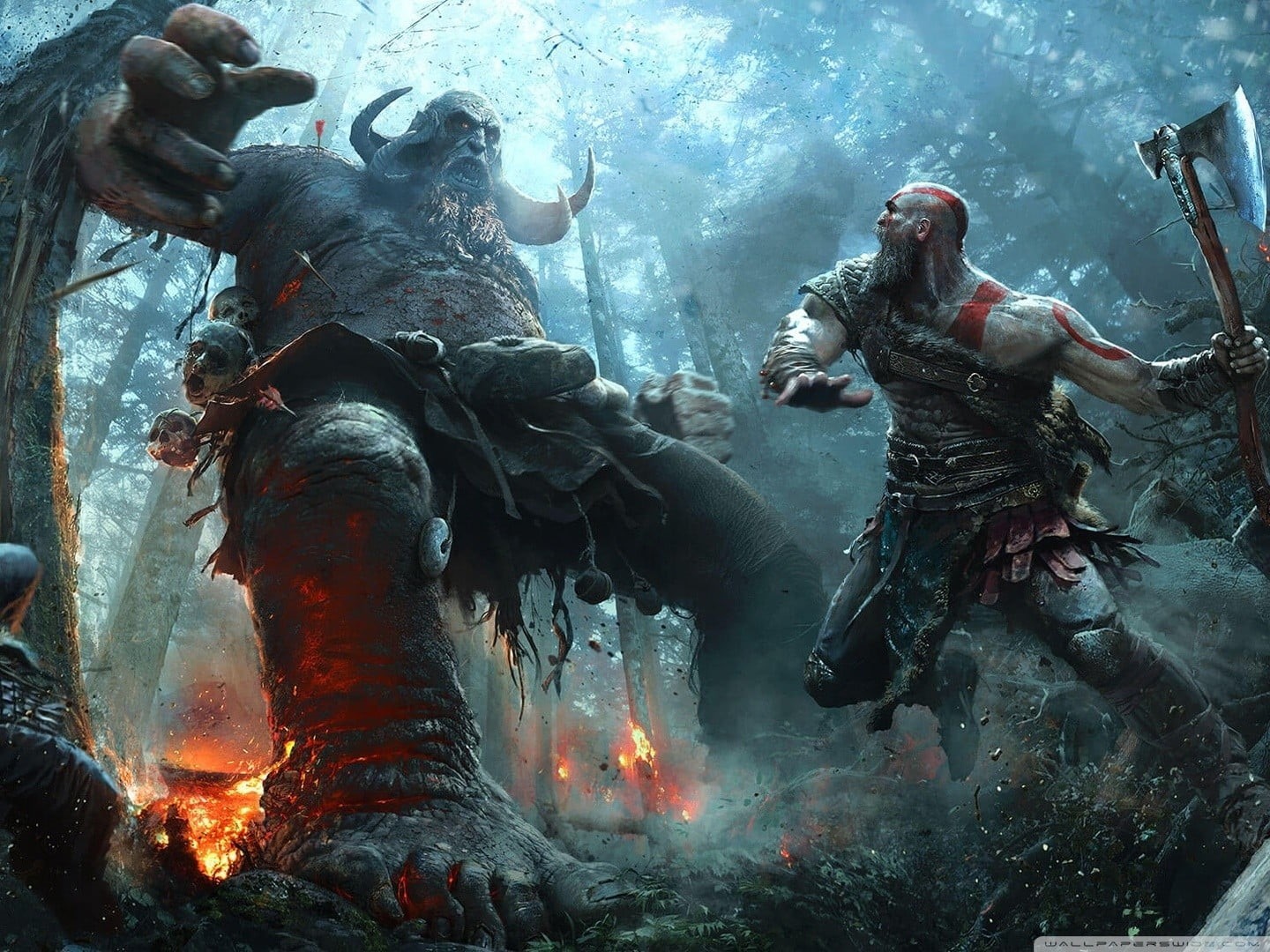outdoors, Kratos, heat - temperature, God of War (2018), representation, smoke - physical structure, water, no people, god, animal wildlife, HD Wallpaper